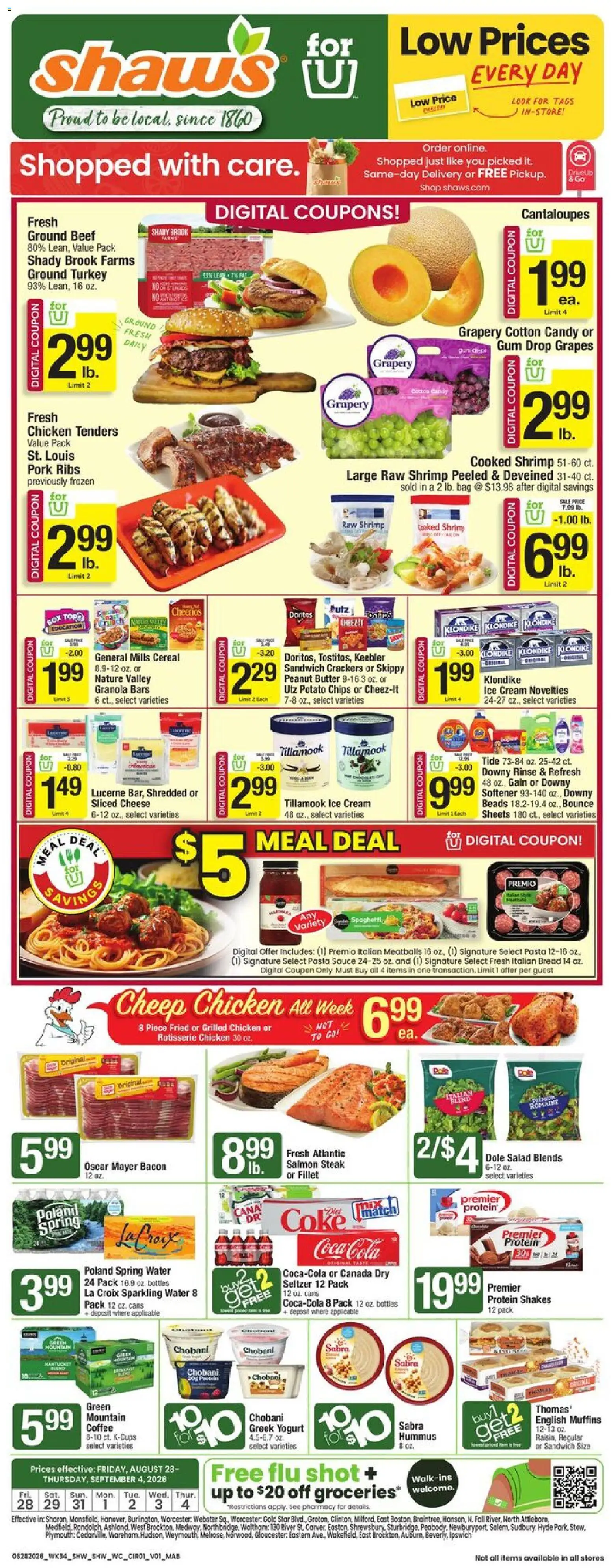 Shaw's Weekly Ad - valid from 08/28/2026 | Page: 1 | Products: Candy, Protein, Bacon, Ground beef