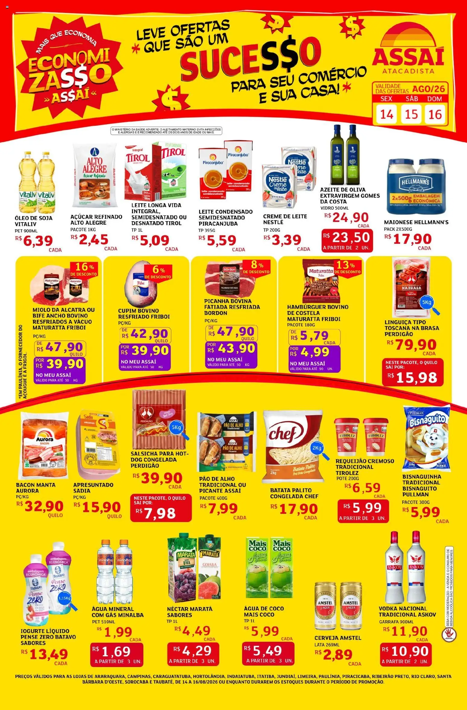 Assaí Atacadista Folheto - válido de 14/08/2026 | Página: 1 | Produtos: Bife ancho, Leite, Água, Soja