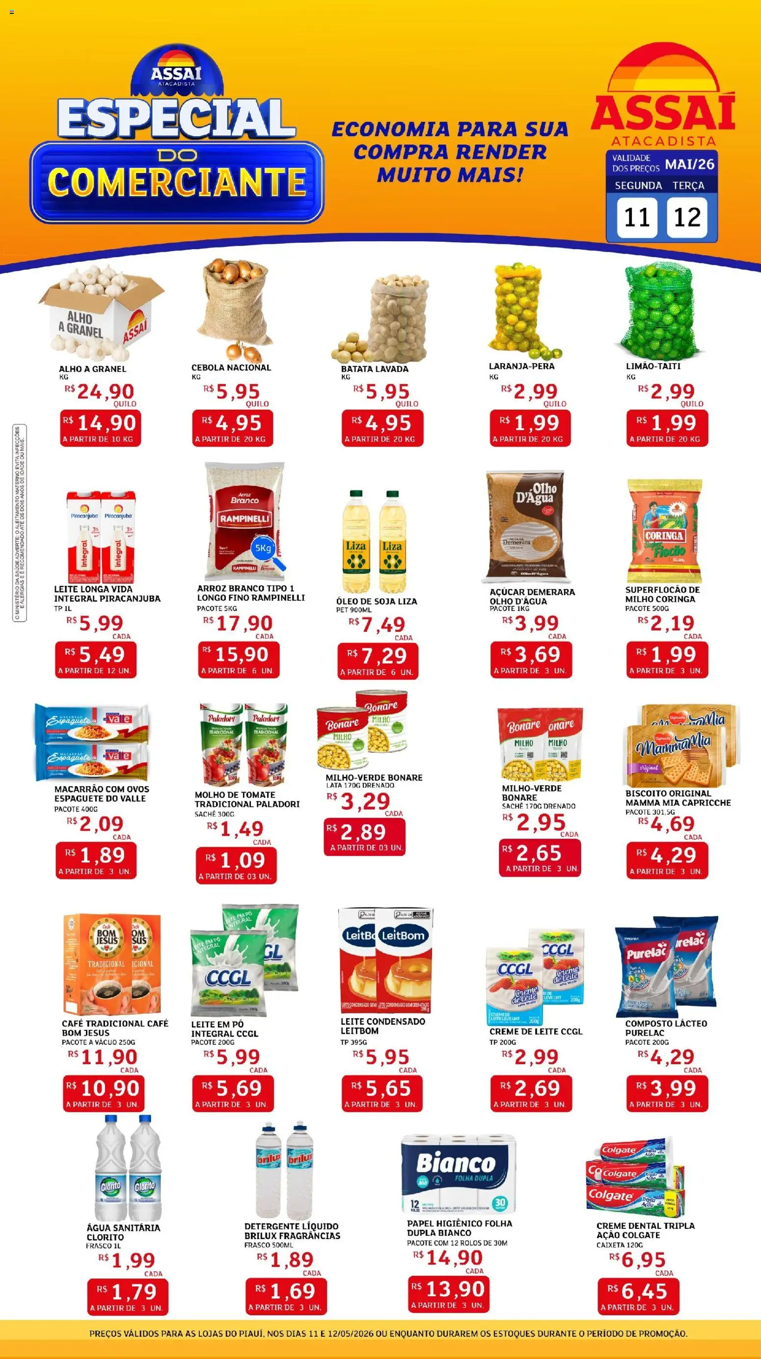 Assaí Atacadista Folheto - válido de 11.05.2026 | Página: 1 | Produtos: Açúcar demerara, Creme de leite, Creme dental, Água sanitária