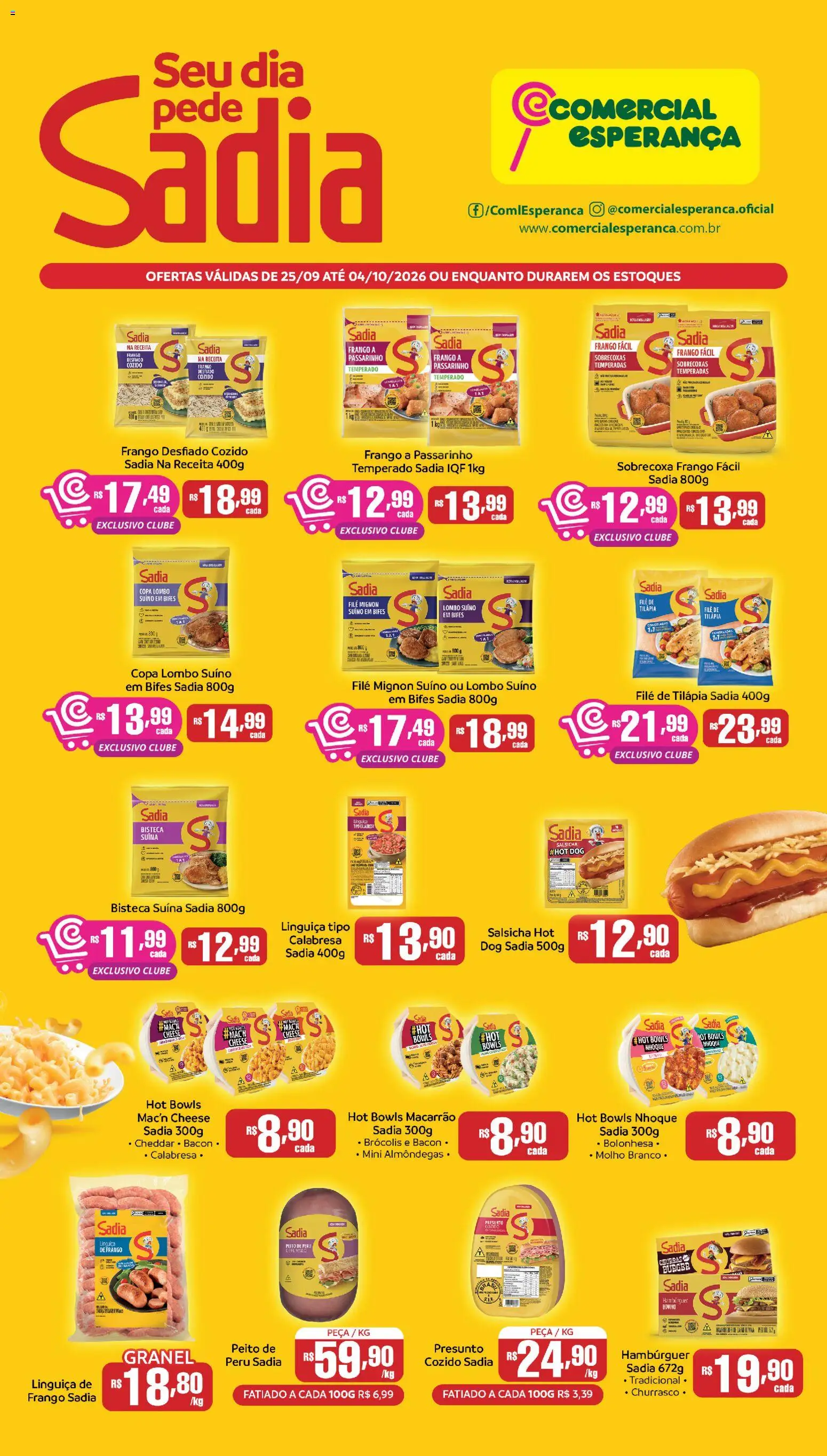 Comercial Esperança Folheto - válido de 25/09/2026 | Página: 1 | Produtos: Frango desfiado, Filé mignon suíno, Nhoque, Frango
