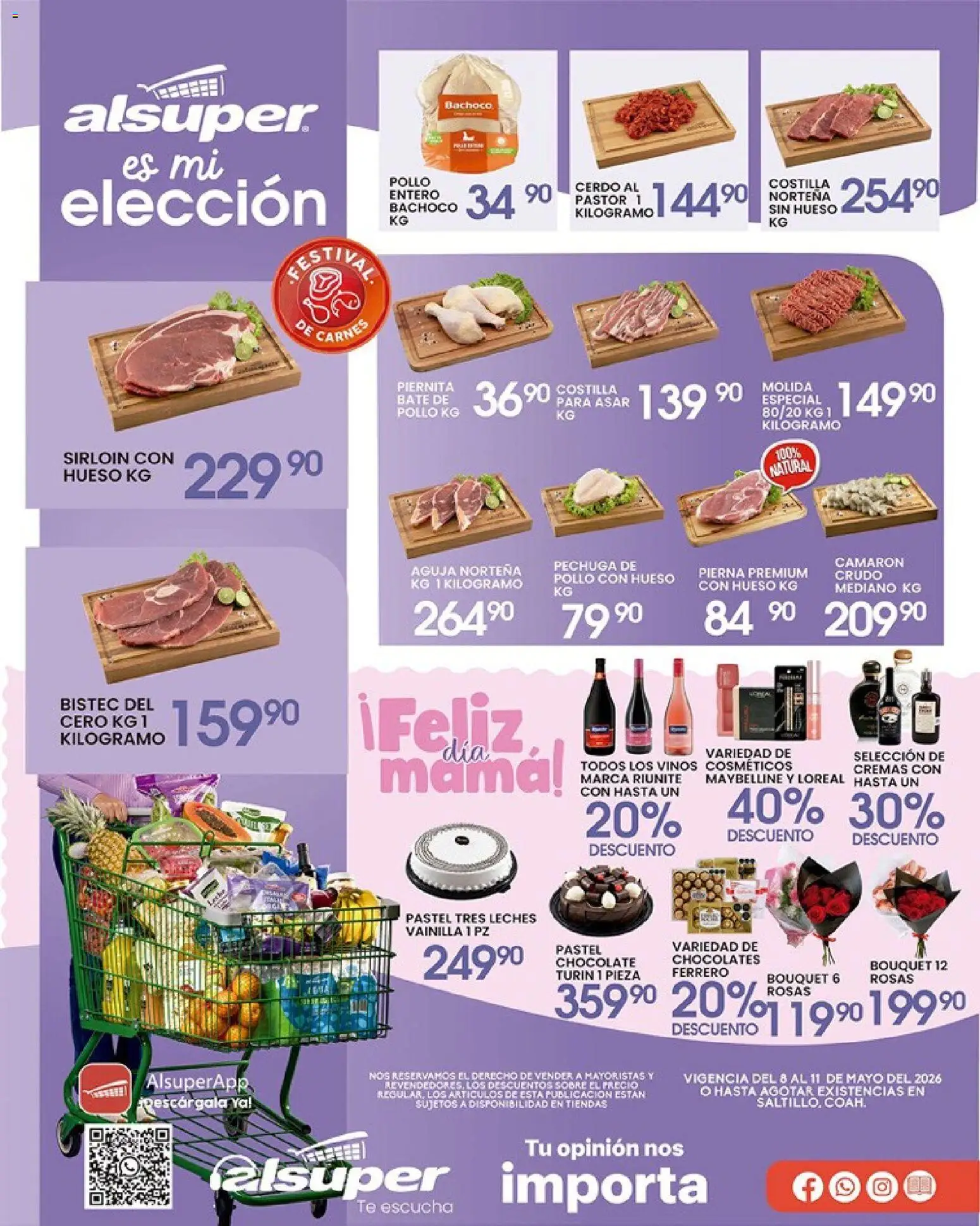 Nuevas ofertas de Alsuper válidas en toda la República Mexicana desde el 08.05.2026. ¡Encuentra las mejores ofertas en Alsuper folleto Saltillo! | Página: 1 | Productos: Pollo, Pastel, Cerdo, Té