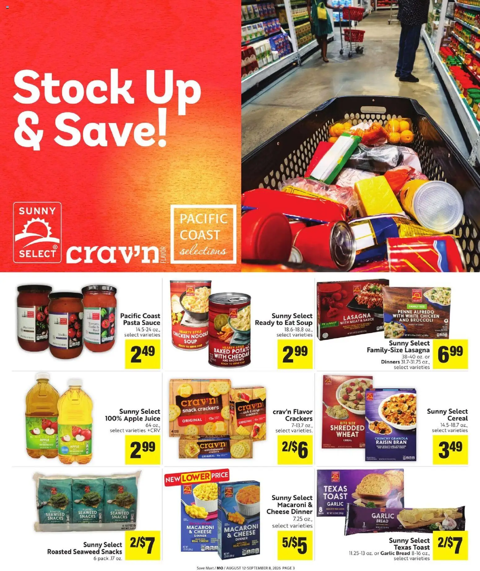 Save Mart Online Savings Guide - valid from 08/12/2026 | Page: 3 | Products: Crackers, Cheese, Bread, Pasta