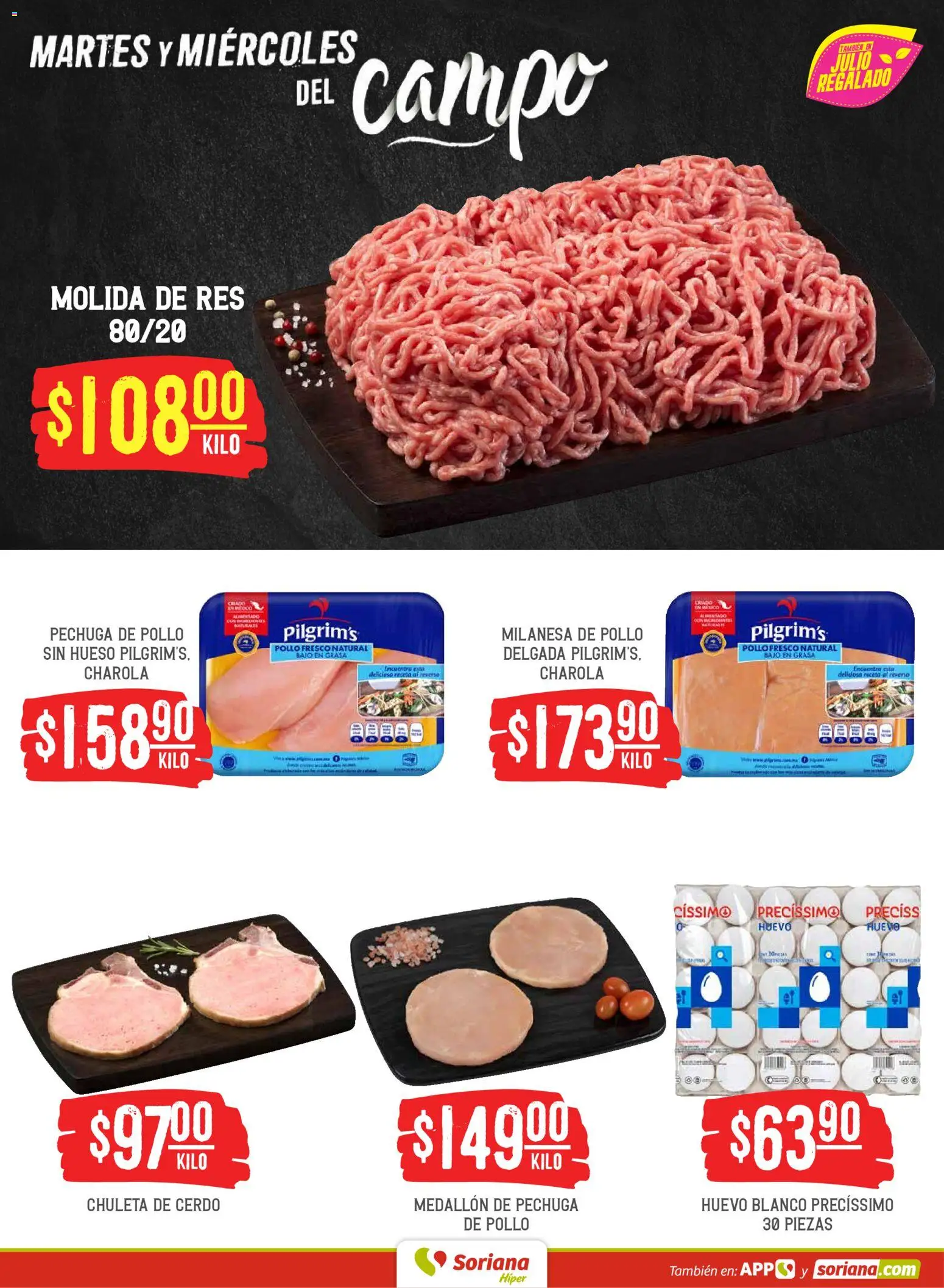 Nuevas ofertas de Soriana válidas en toda la República Mexicana desde el 26.05.2026. ¡Encuentra las mejores ofertas en Soriana Martes y Miércoles del Campo Híper: Ags, Nay, Jal, Qro, Col, Mich, Gto, Hgo, Tlax, Mor, Pue, Gro, Oax, Edo. de Mex, Vall! | Página: 4 | Productos: Pollo, Huevo, Cerdo, Res