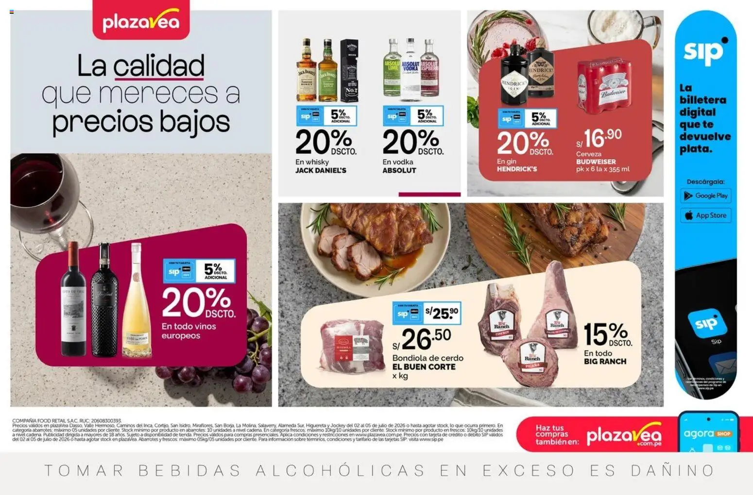Catálogo Plaza Vea válido desde 02/07/2026 | Página: 1 | Productos: Cerveza, Vodka, Whisky, Billetera