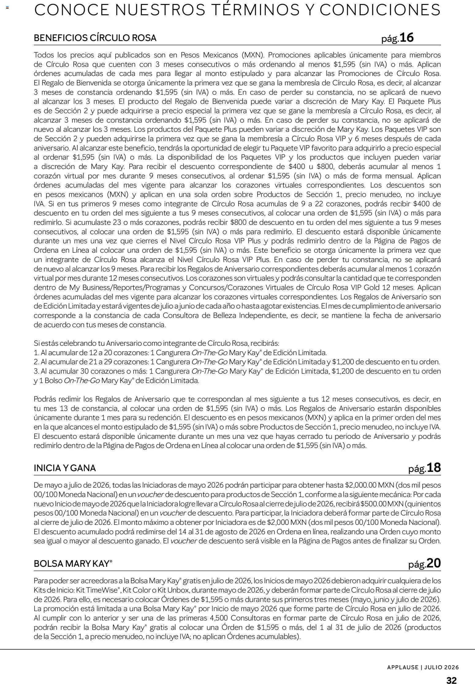 Nuevas ofertas de Mary Kay válidas en toda la República Mexicana desde el 01/07/2026. ¡Encuentra las mejores ofertas en Catálogo Mary Kay Applause 2026! | Página: 32 | Productos: Bolsa, Té, Cangurera, Sobre