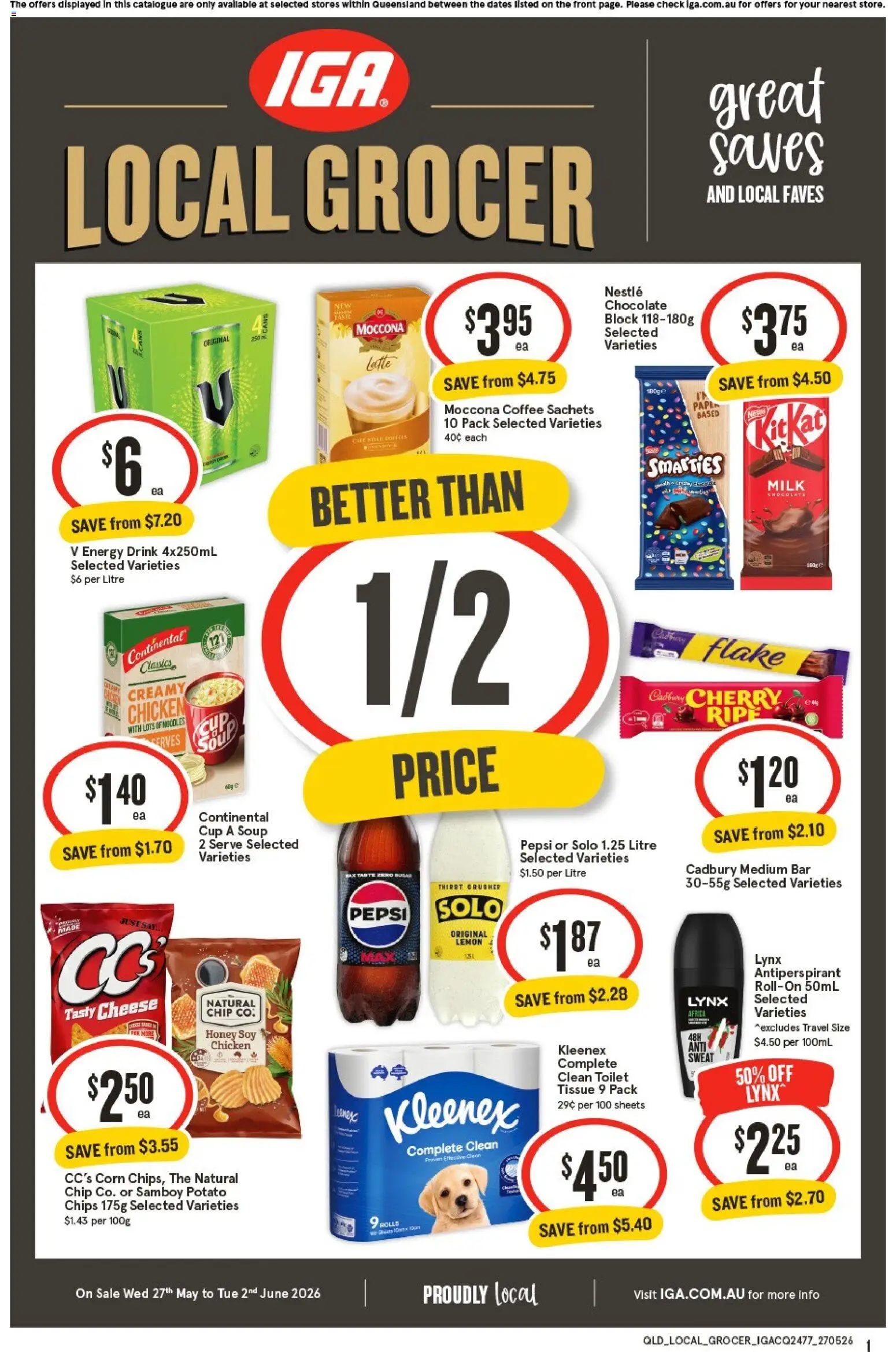 IGA catalogue - valid from 27.05.2026 | Page: 1 | Products: Energy drink, Coffee, Chicken, Soup
