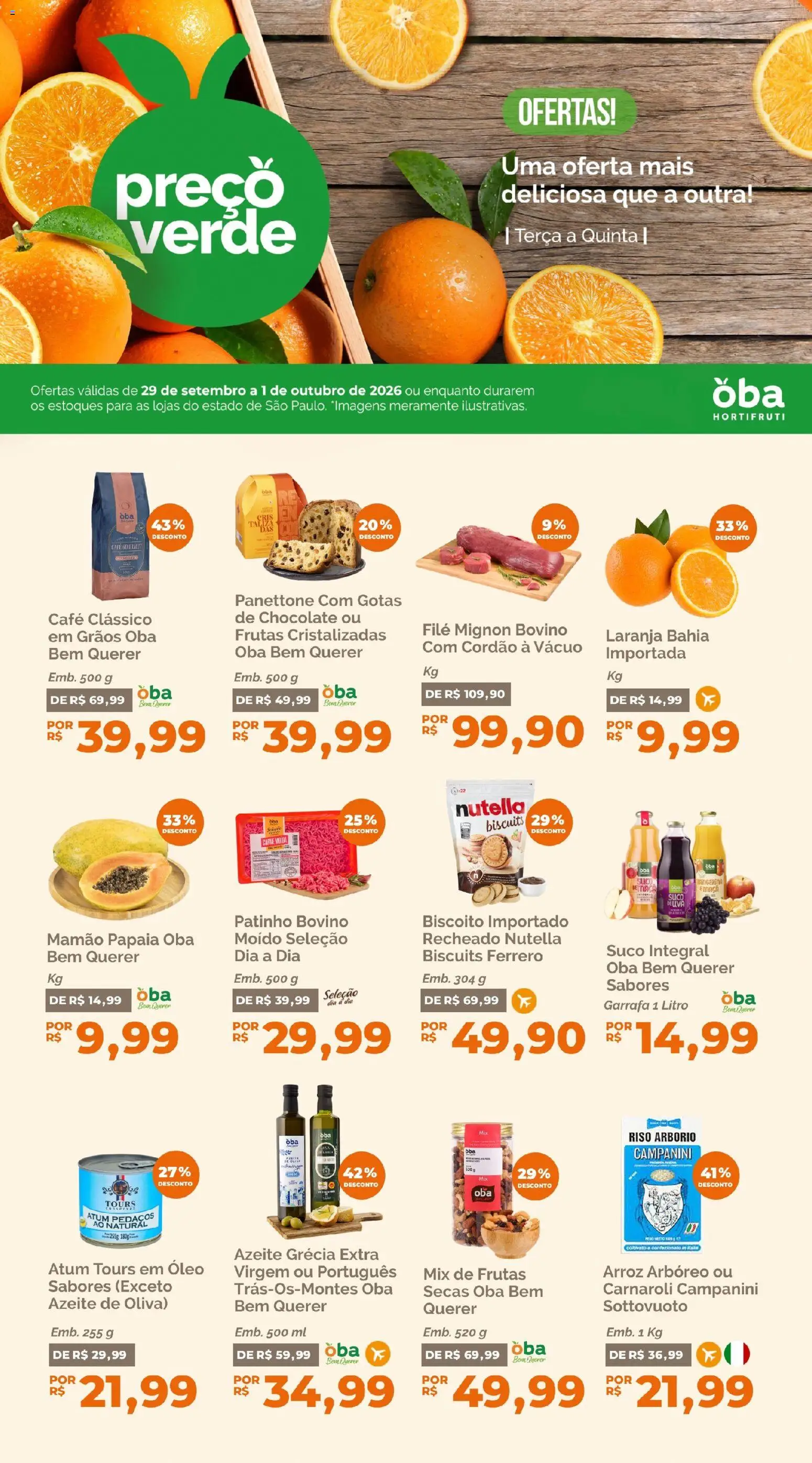 Oba Hortifruti Folheto - válido de 29/09/2026 | Página: 1 | Produtos: Uva, Óleo, Chocolate, Azeite