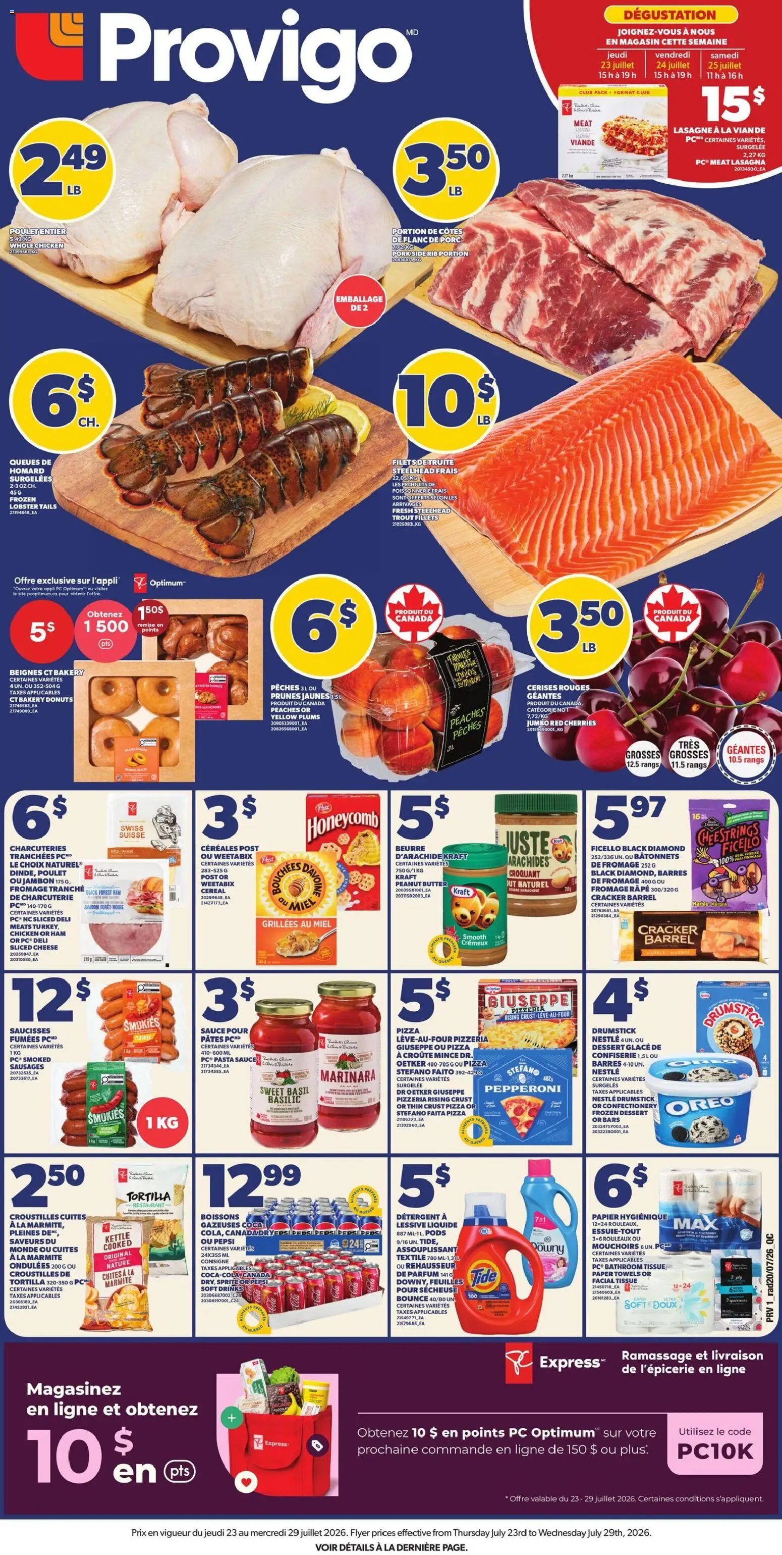 Provigo flyer valid from Jul 23, 2026 | Page: 1 | Products: Pasta, PC, Cheese, Chicken