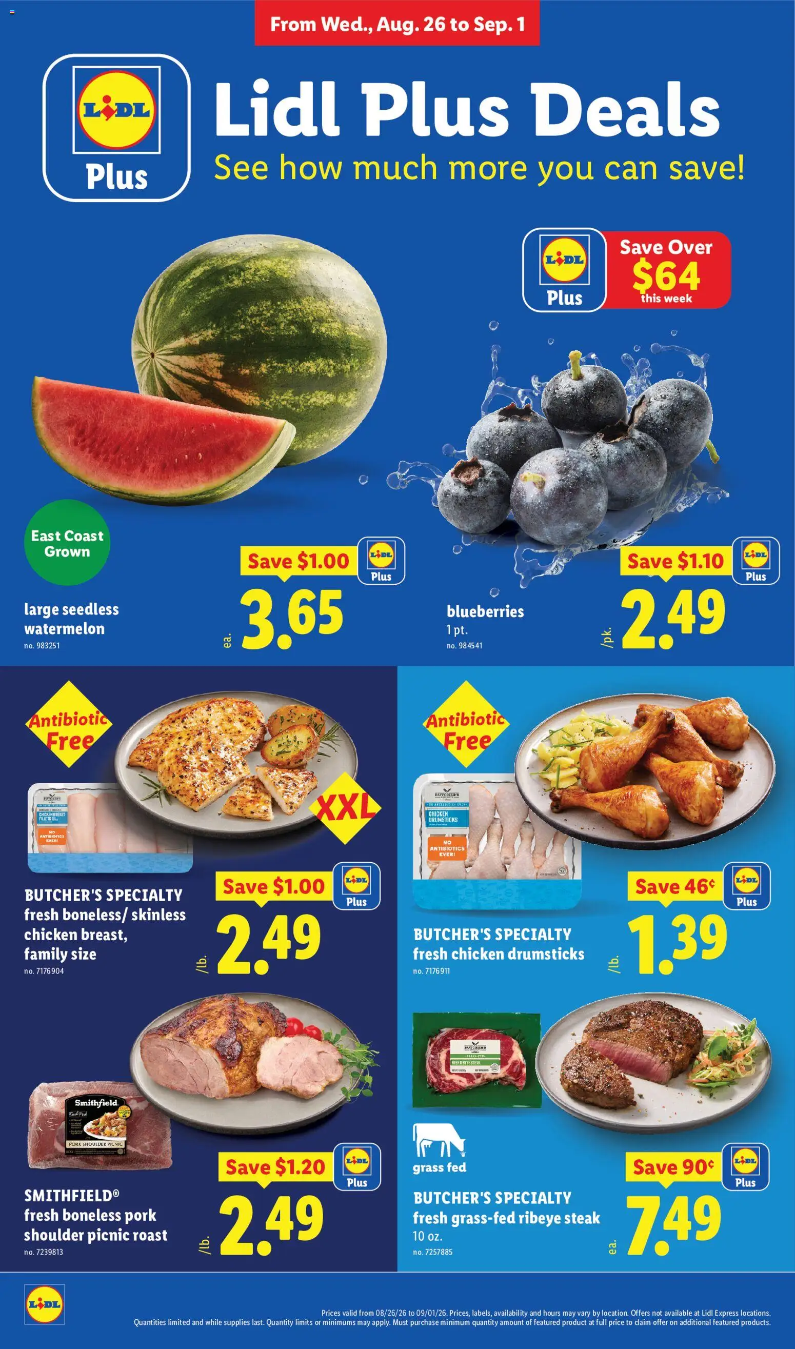 Lidl Weekly Ad - valid from 08/26/2026 | Page: 2 | Products: Chicken fillets, Pork, Drumsticks, Watermelon