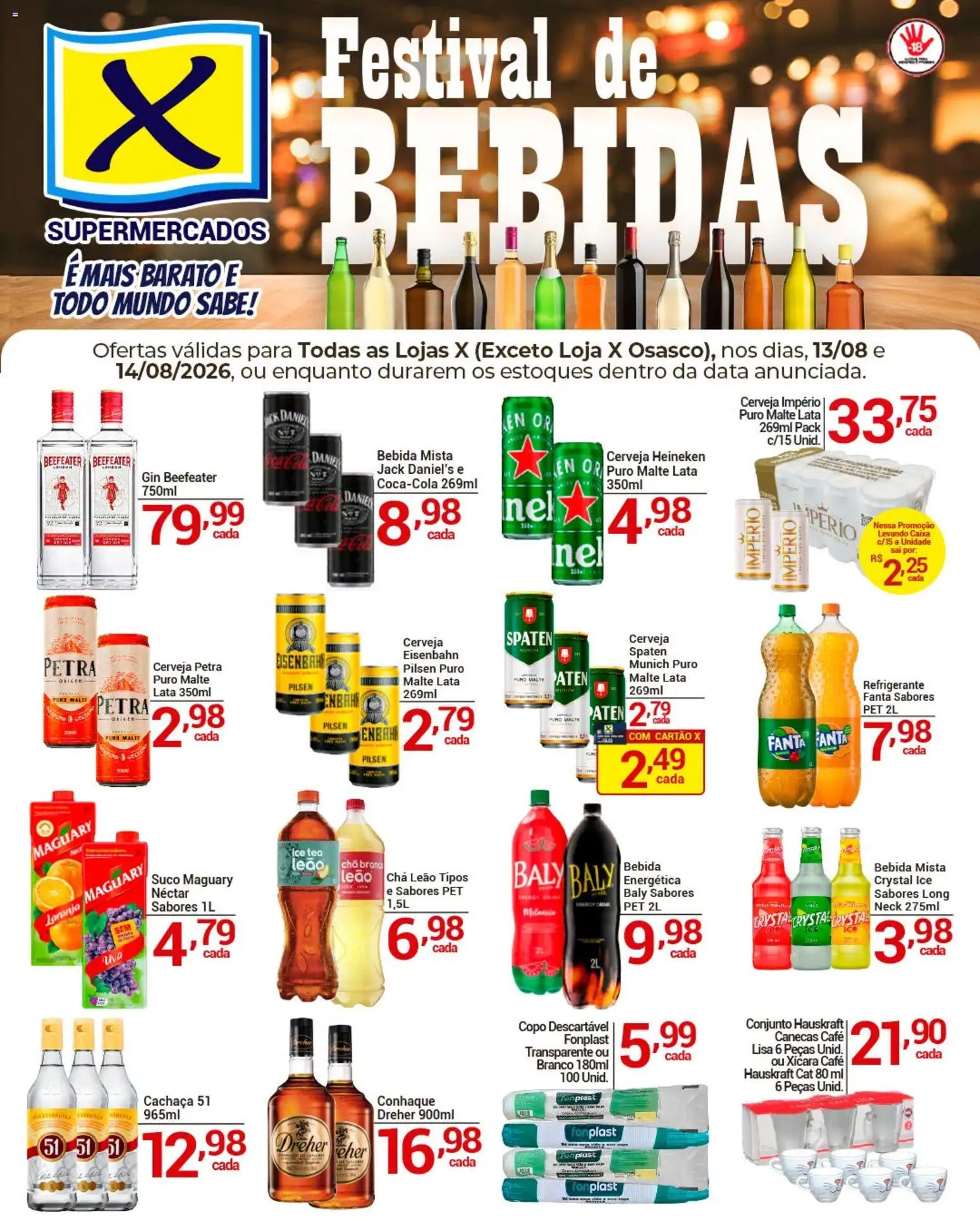 X Supermercados Folheto - válido de 13/08/2026 | Página: 1 | Produtos: Caixa, Café, Chá, Cachaça 51