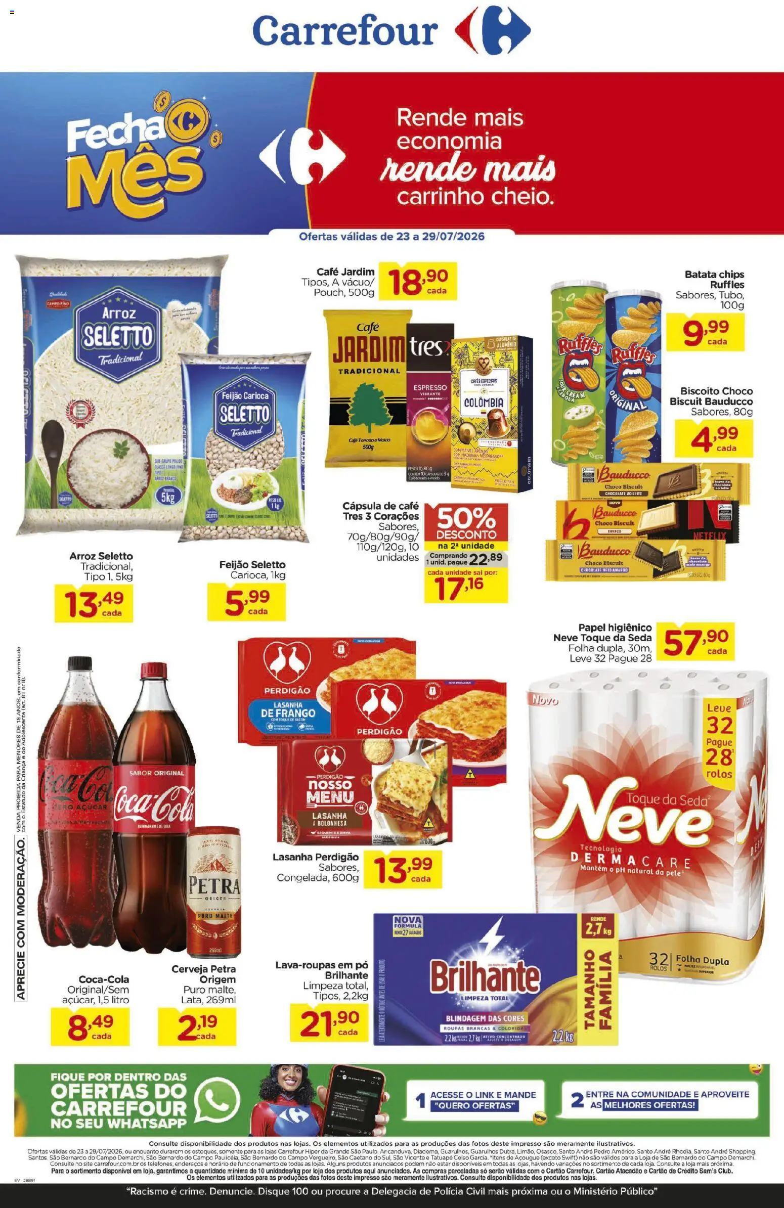 Carrefour Folheto - válido de 23/07/2026 | Página: 1 | Produtos: Feijão, Cerveja, Frango, Papel higiênico