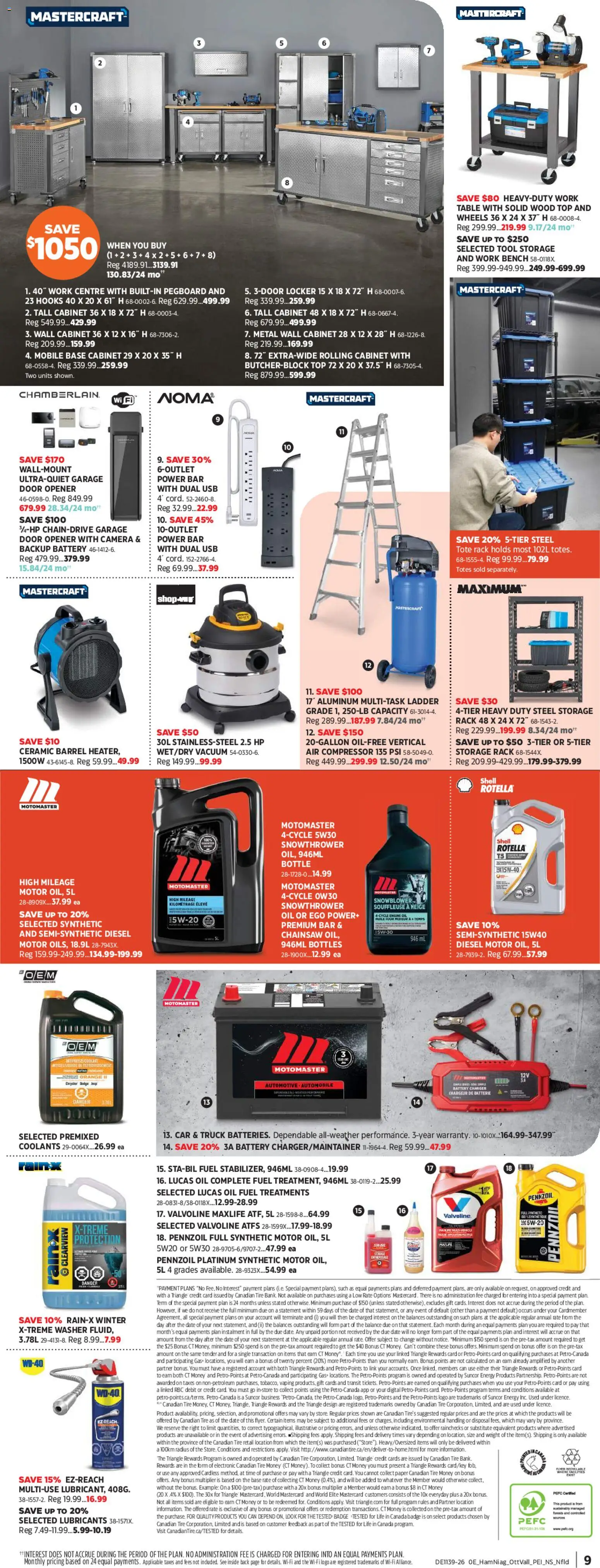 Canadian Tire flyer valid from Sep 24, 2026 | Page: 9 | Products: Compressor, Chainsaw, Cabinet, Battery