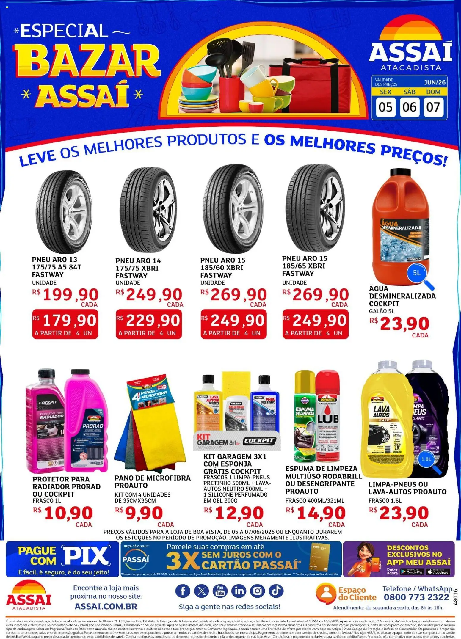 Assaí Atacadista Folheto - válido de 05.06.2026 | Página: 1 | Produtos: Pneu, Radiador, Base, Telefone