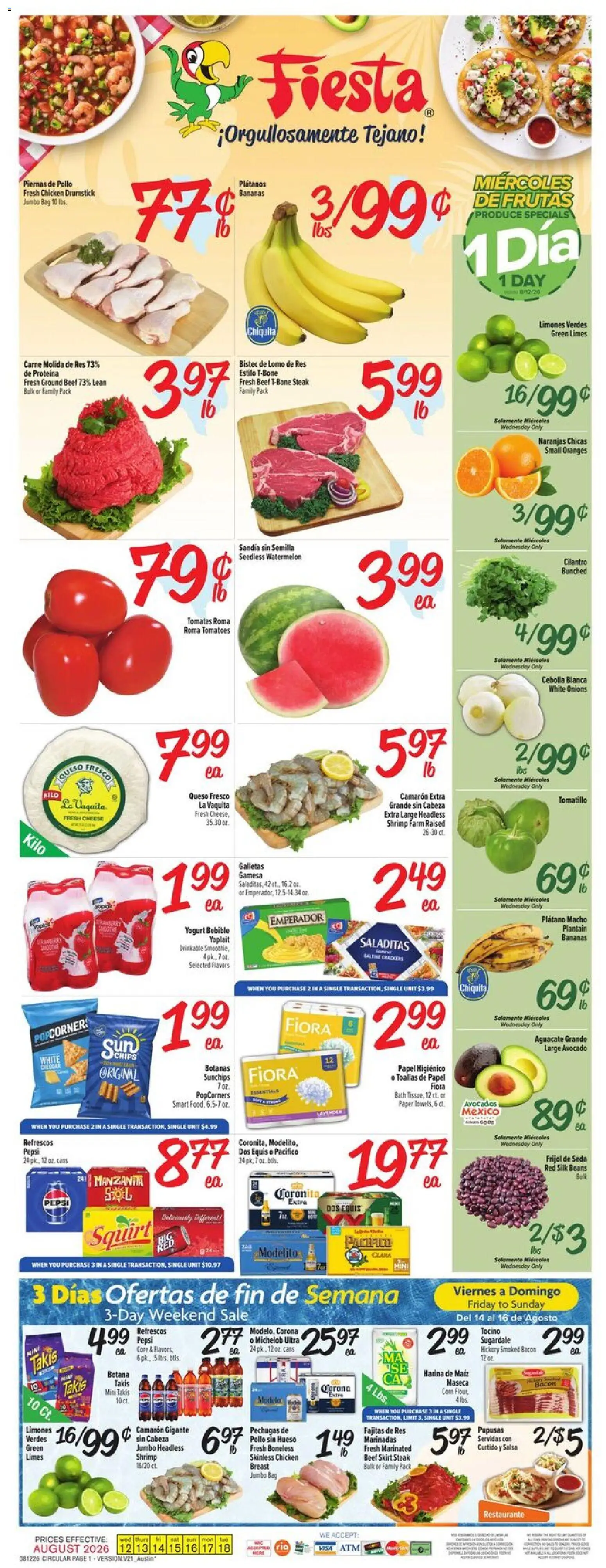 Fiesta Mart Weekly Ad - valid from 08/12/2026 | Page: 1 | Products: Yogurt, Bananas, Avocado, Steak
