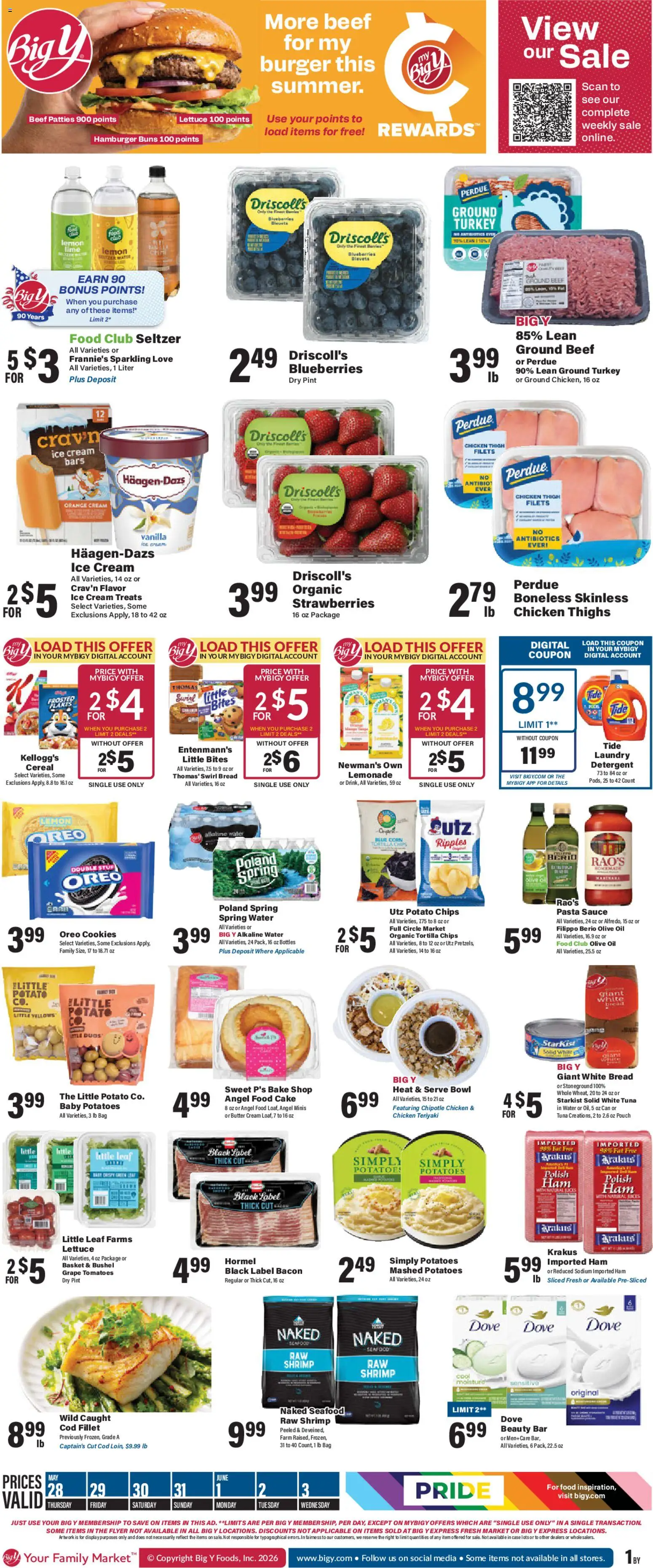 Big Y Weekly Ad - valid from 28.05.2026 | Page: 1 | Products: Ham, Strawberries, Cookies, Case