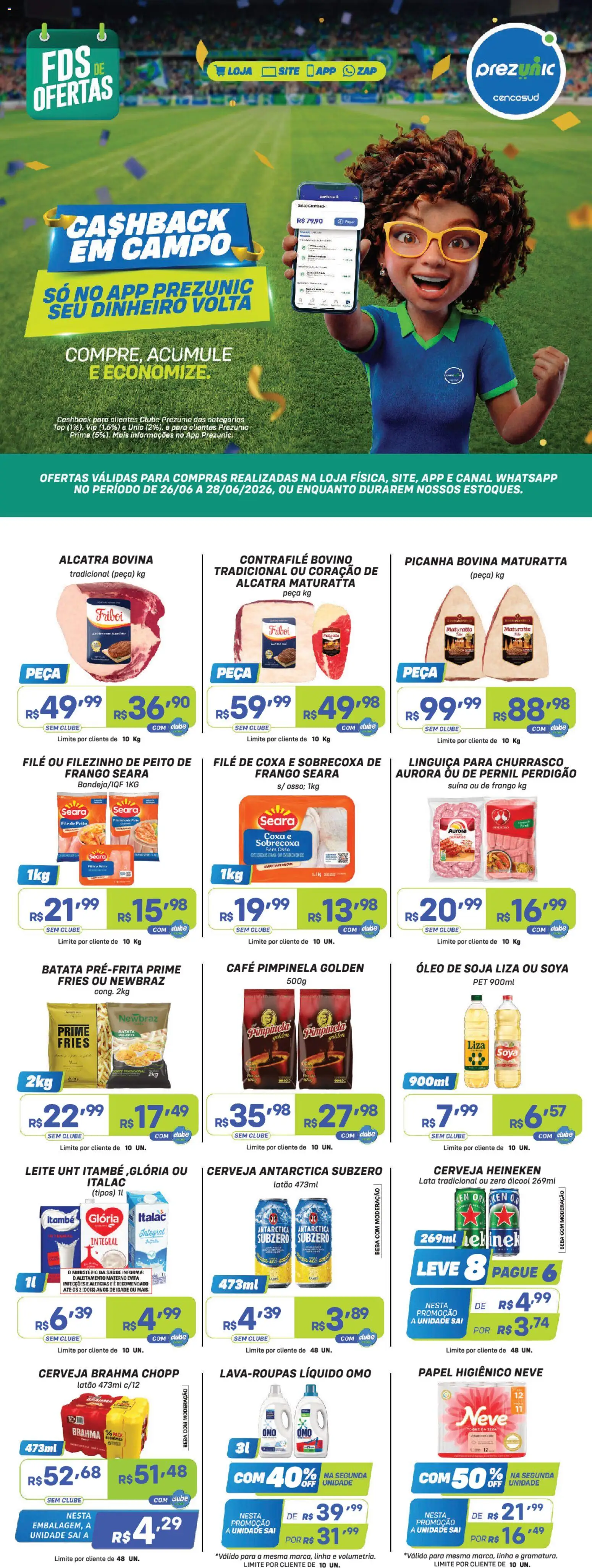 Prezunic Folheto - válido de 26/06/2026 | Página: 1 | Produtos: Alcatra, Leite, Heineken, Papel higiênico