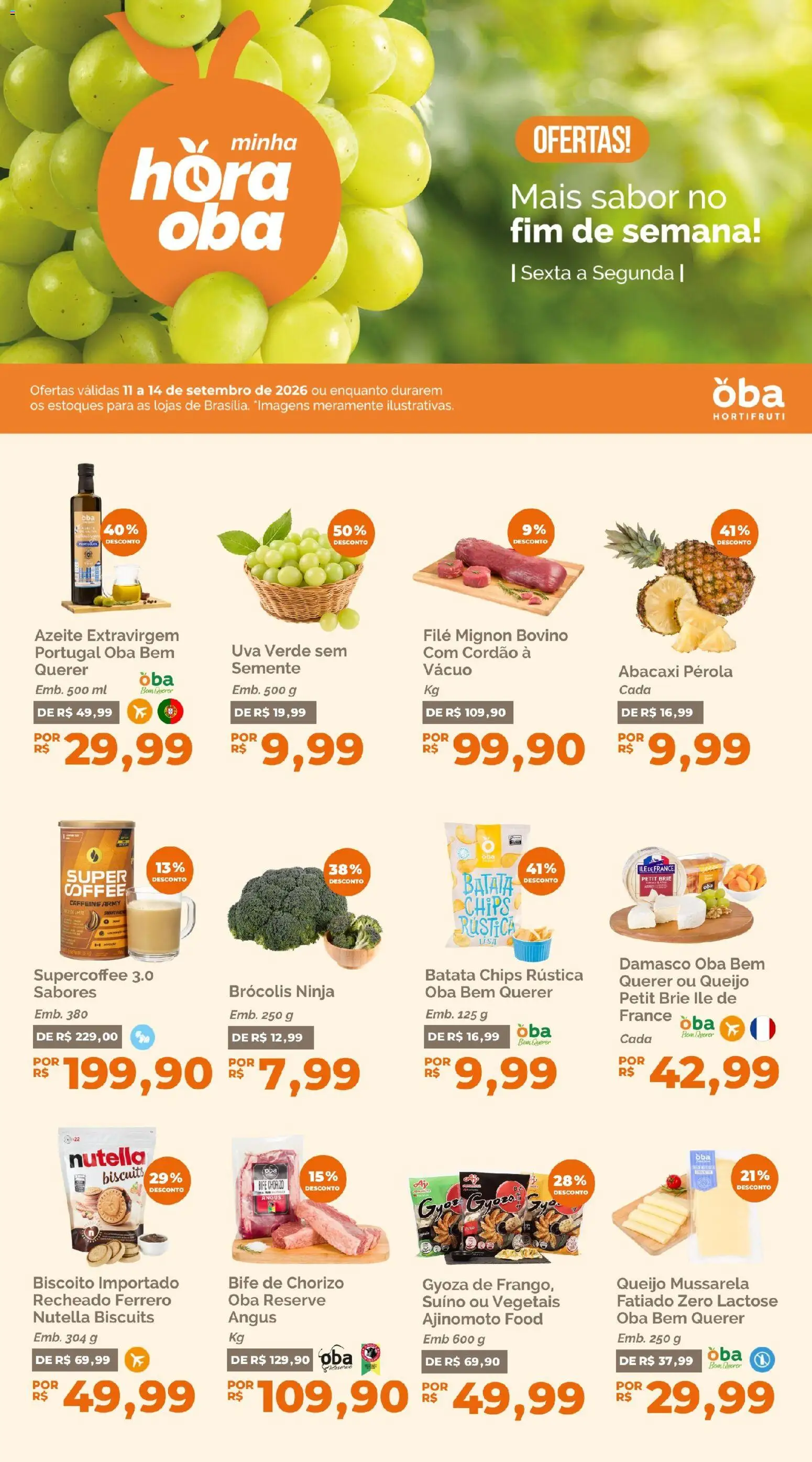 Oba Hortifruti Folheto - válido de 11/09/2026 | Página: 1 | Produtos: Biscoito, Filé mignon, Batata chips, Mussarela