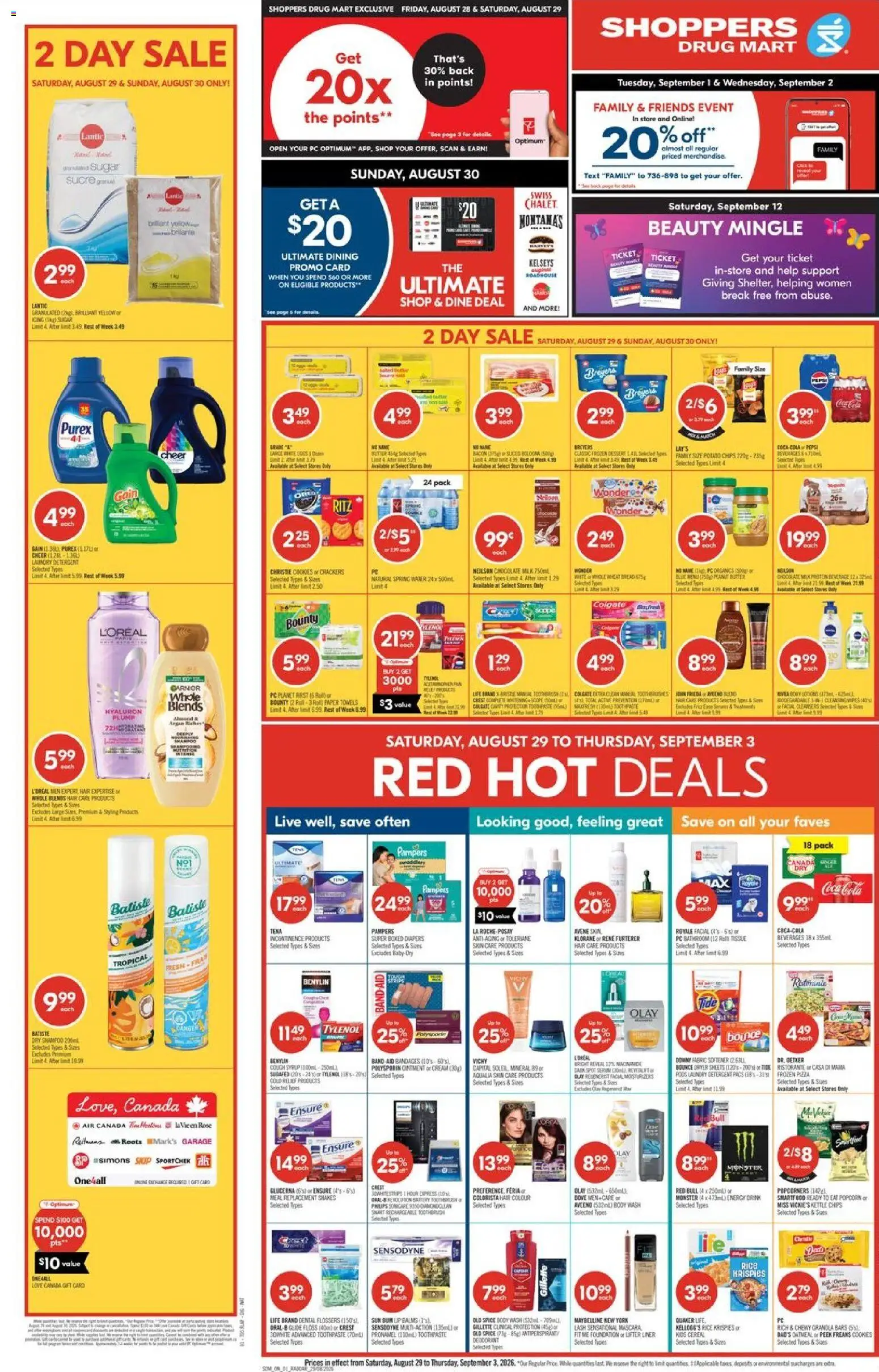 Shoppers flyer valid from Aug 29, 2026 | Page: 1 | Products: Dryer, Red Bull, Peanut butter, Popcorn