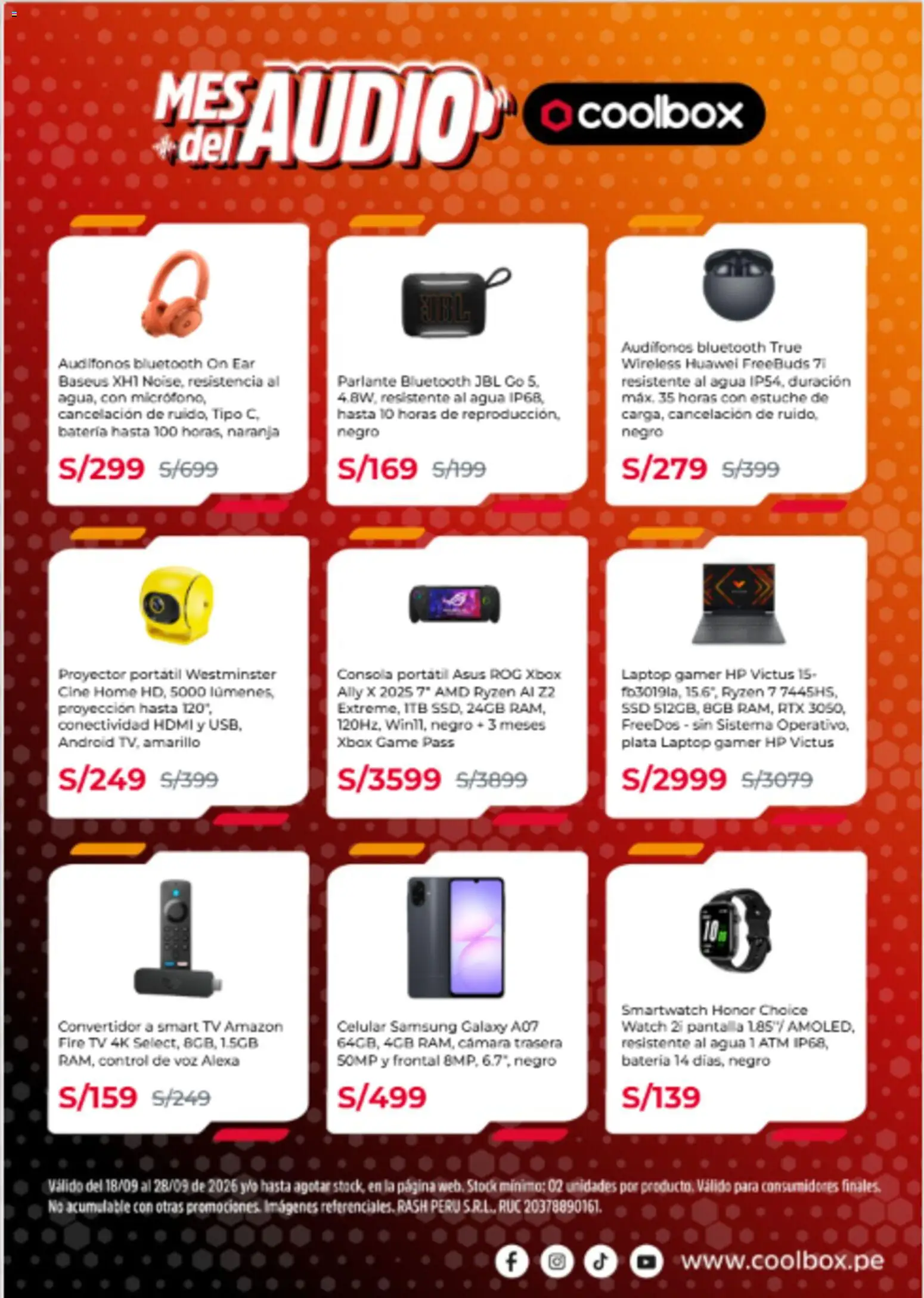 Catálogo Coolbox válido desde 18/09/2026 | Página: 3 | Productos: Batería, Cámara, Agua, Celular