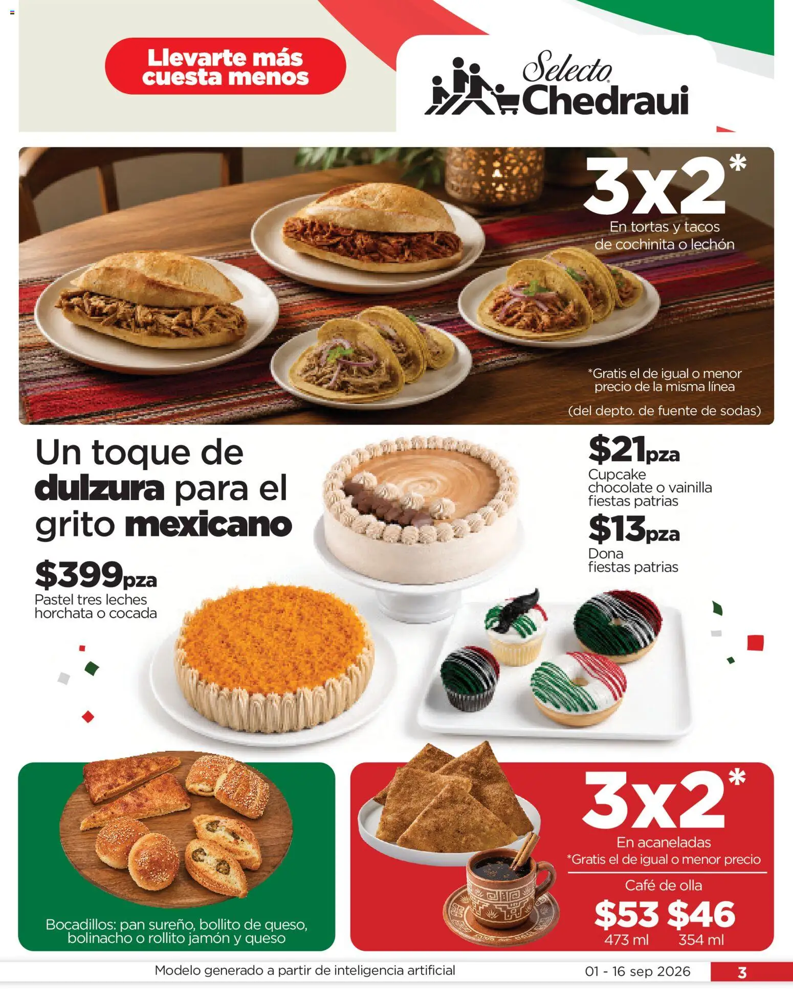 Nuevas ofertas de Chedraui válidas en toda la República Mexicana desde el 01/09/2026. ¡Encuentra las mejores ofertas en Chedraui folleto Llevarte más cuesta menos! | Página: 3 | Productos: Café, Chocolate, Jamón, Vainilla