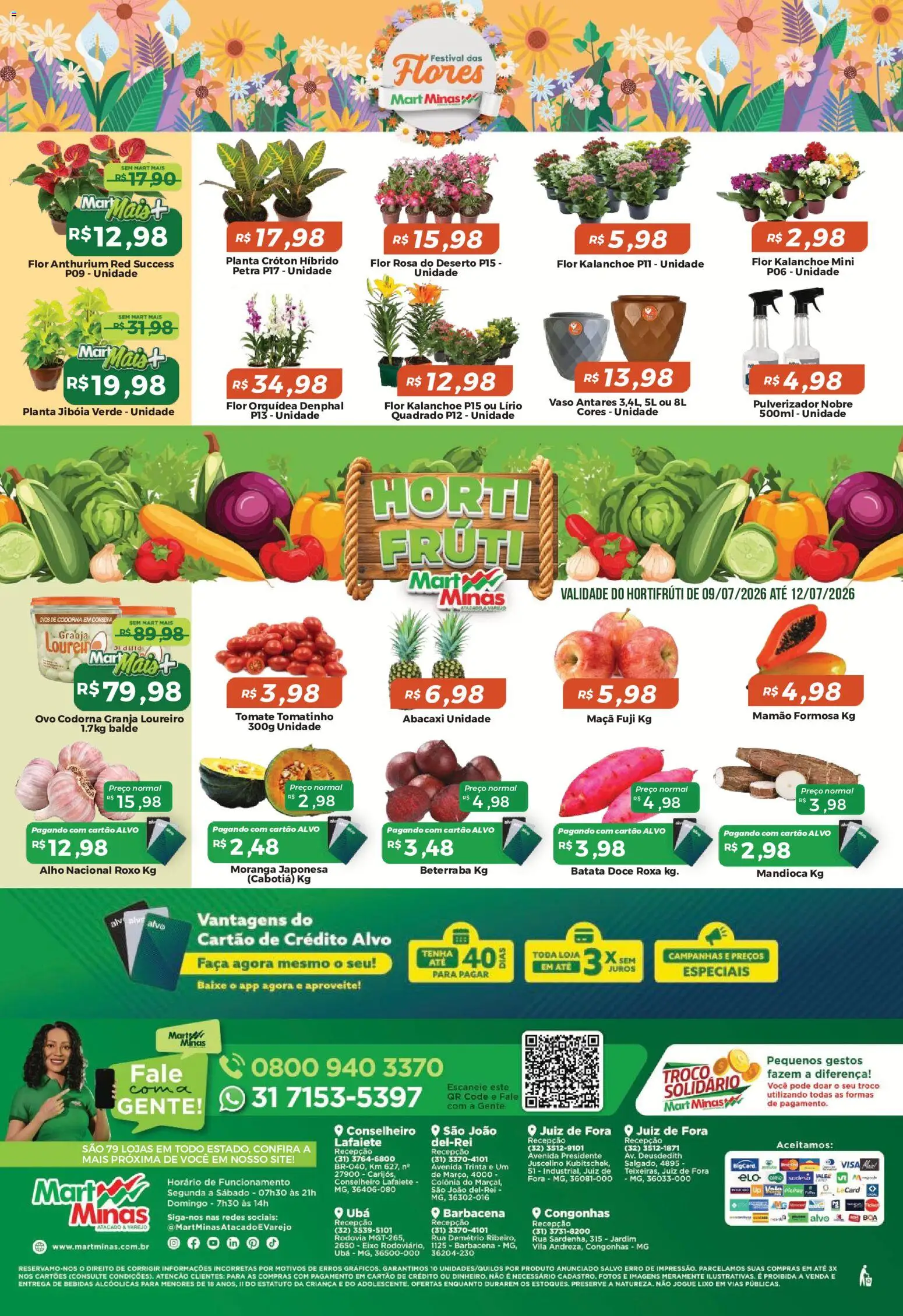 Mart Minas Folheto - válido de 09/07/2026 | Página: 8 | Produtos: Moranga, Mandioca, Flores, Batata