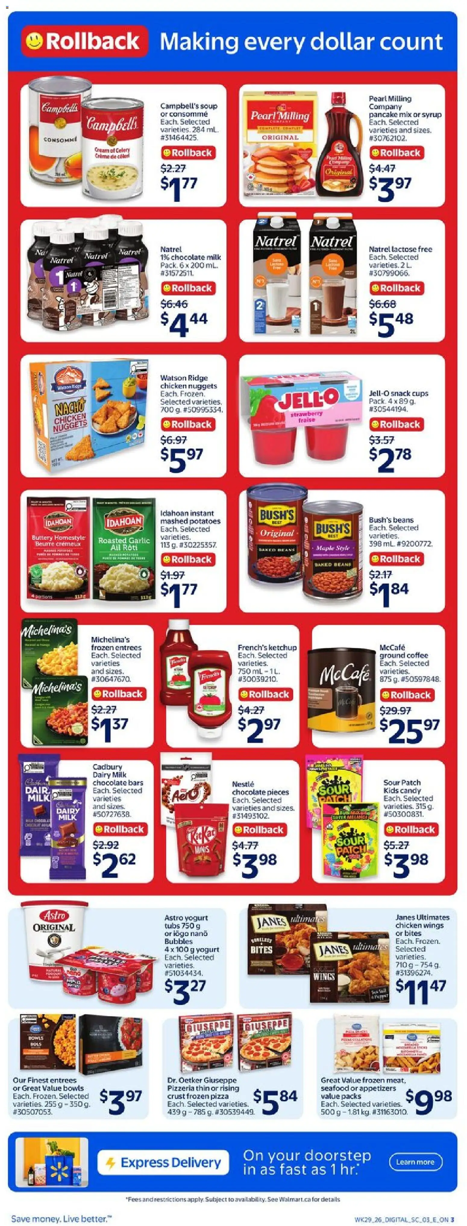 Walmart flyer valid from Aug 13, 2026 | Page: 4 | Products: Seafood, Frozen pizza, Appetizers, Syrup