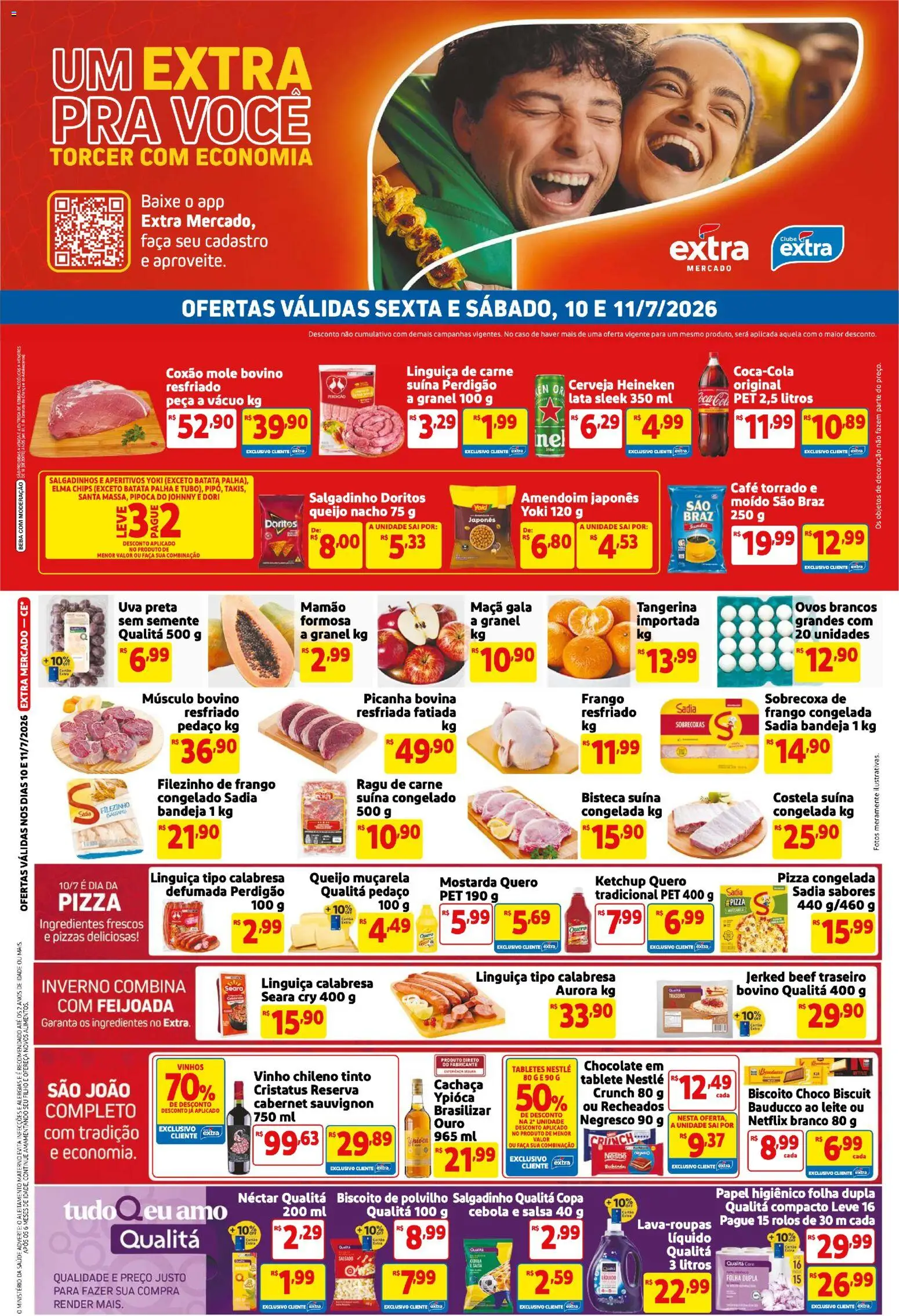 Extra Folheto - válido de 10/07/2026 | Página: 1 | Produtos: Biscoito, Pizza, Cerveja Heineken, Batata palha