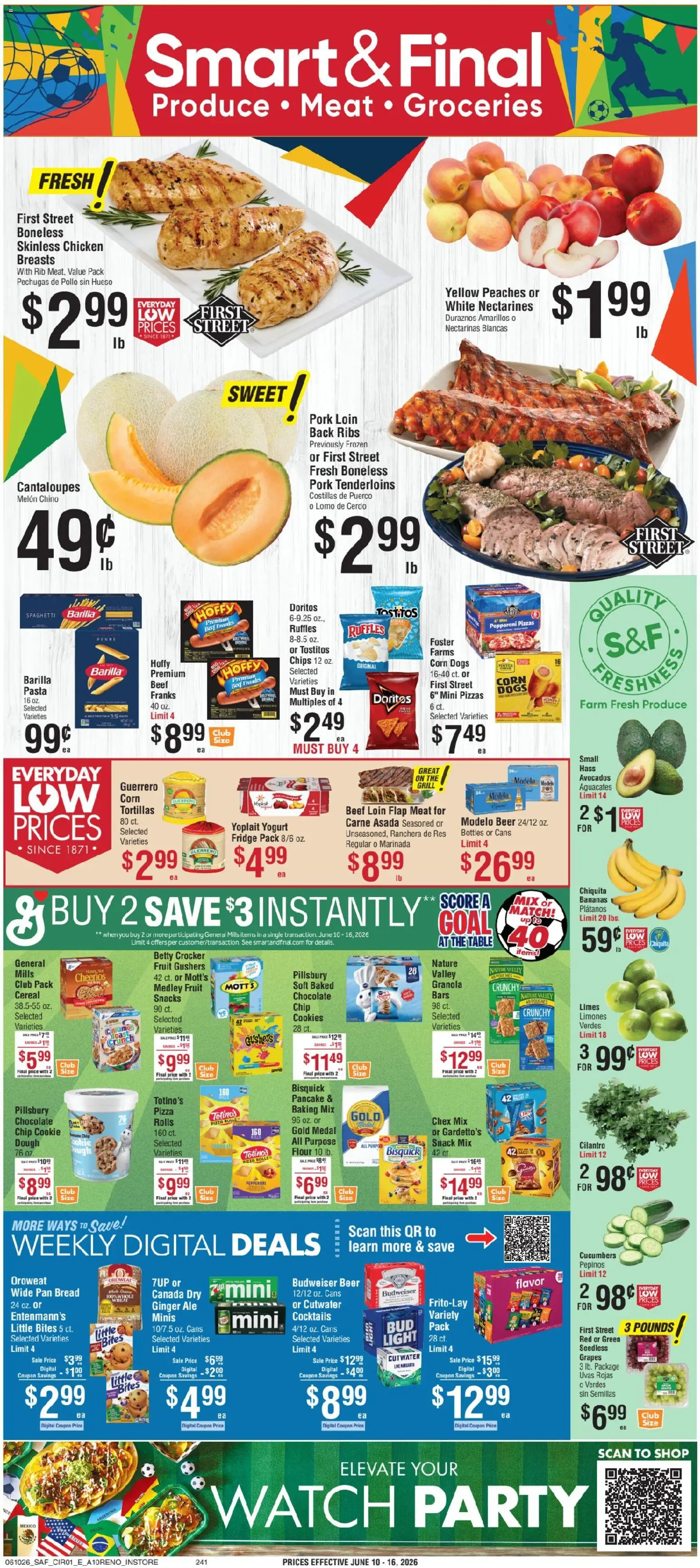 Smart & Final Weekly Ad - valid from 10.06.2026 | Page: 1 | Products: Corn, Pasta, Chips, Cookies