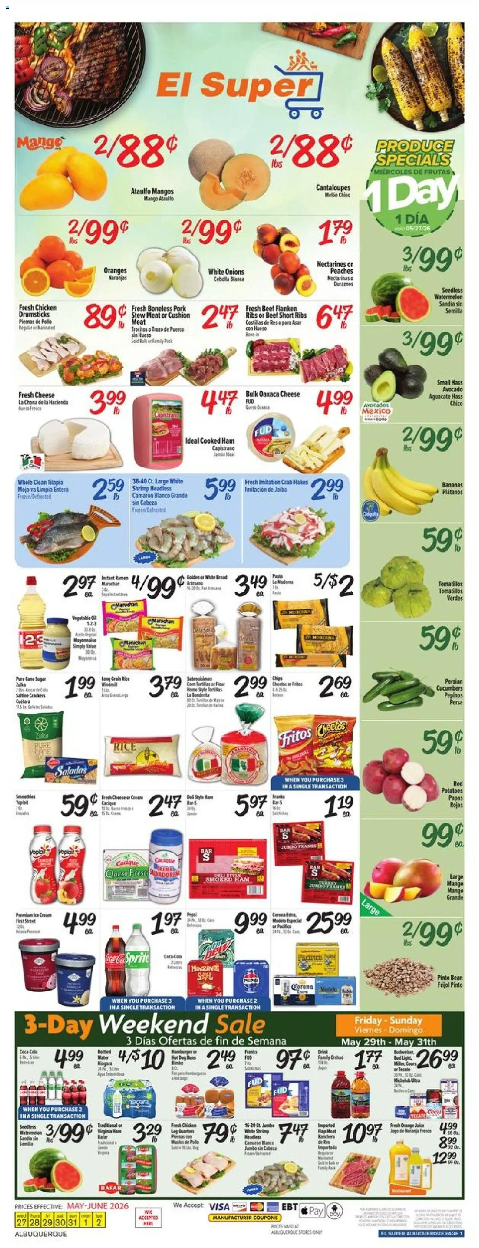 El Super Weekly Ad - NM - valid from 27.05.2026 | Page: 1 | Products: Peaches, Bread, Ham, Melon
