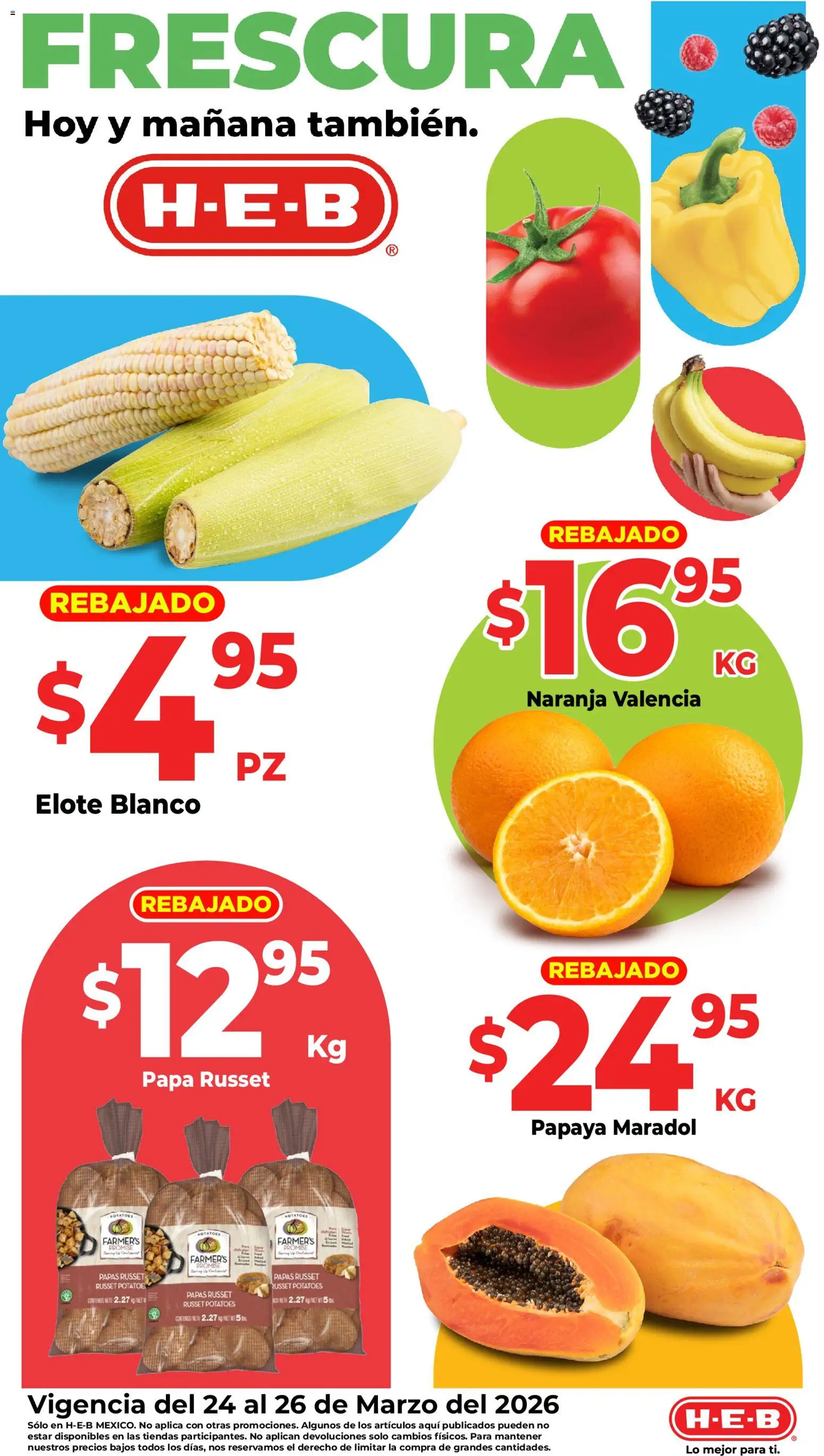 Nuevas ofertas de H-E-B válidas en toda la República Mexicana desde el 24.03.2026. ¡Encuentra las mejores ofertas en H-E-B folleto Frutas y venduras! | Página: 1 | Productos: Papa