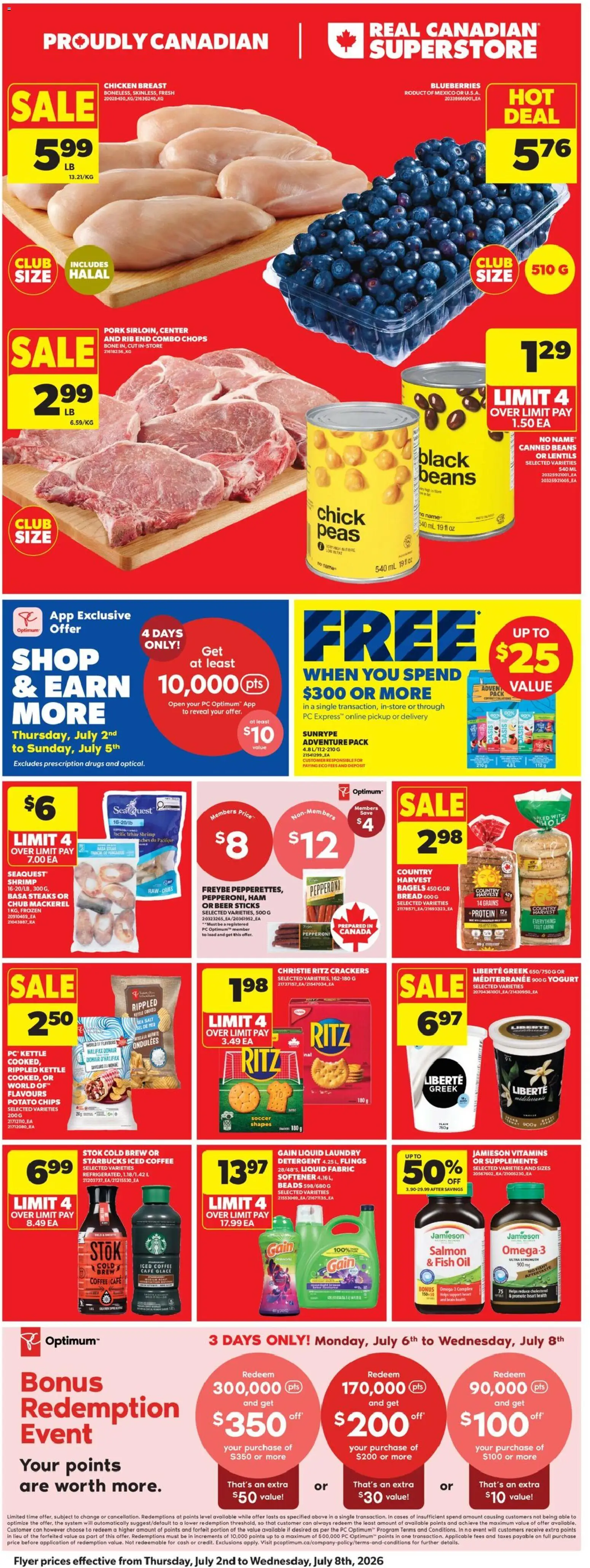 Real Canadian Superstore flyer valid from Jul 2, 2026 | Page: 3 | Products: Chips, PC, Detergent, Pork