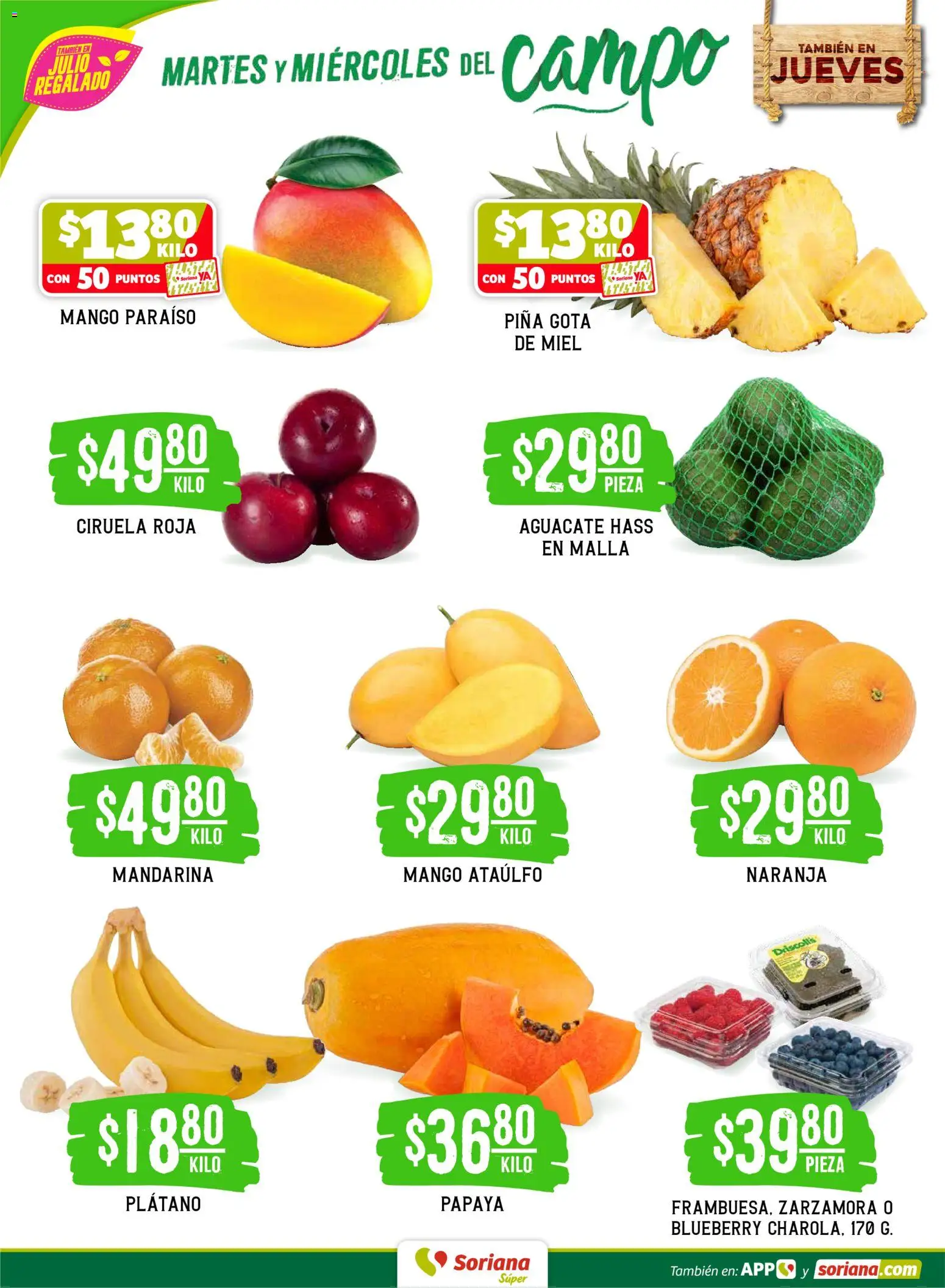 Nuevas ofertas de Soriana válidas en toda la República Mexicana desde el 09.06.2026. ¡Encuentra las mejores ofertas en Soriana Martes y Miércoles del Campo Súper: Saltillo y Torreón! | Página: 2 | Productos: Plátano, Mango, Aguacate, Malla