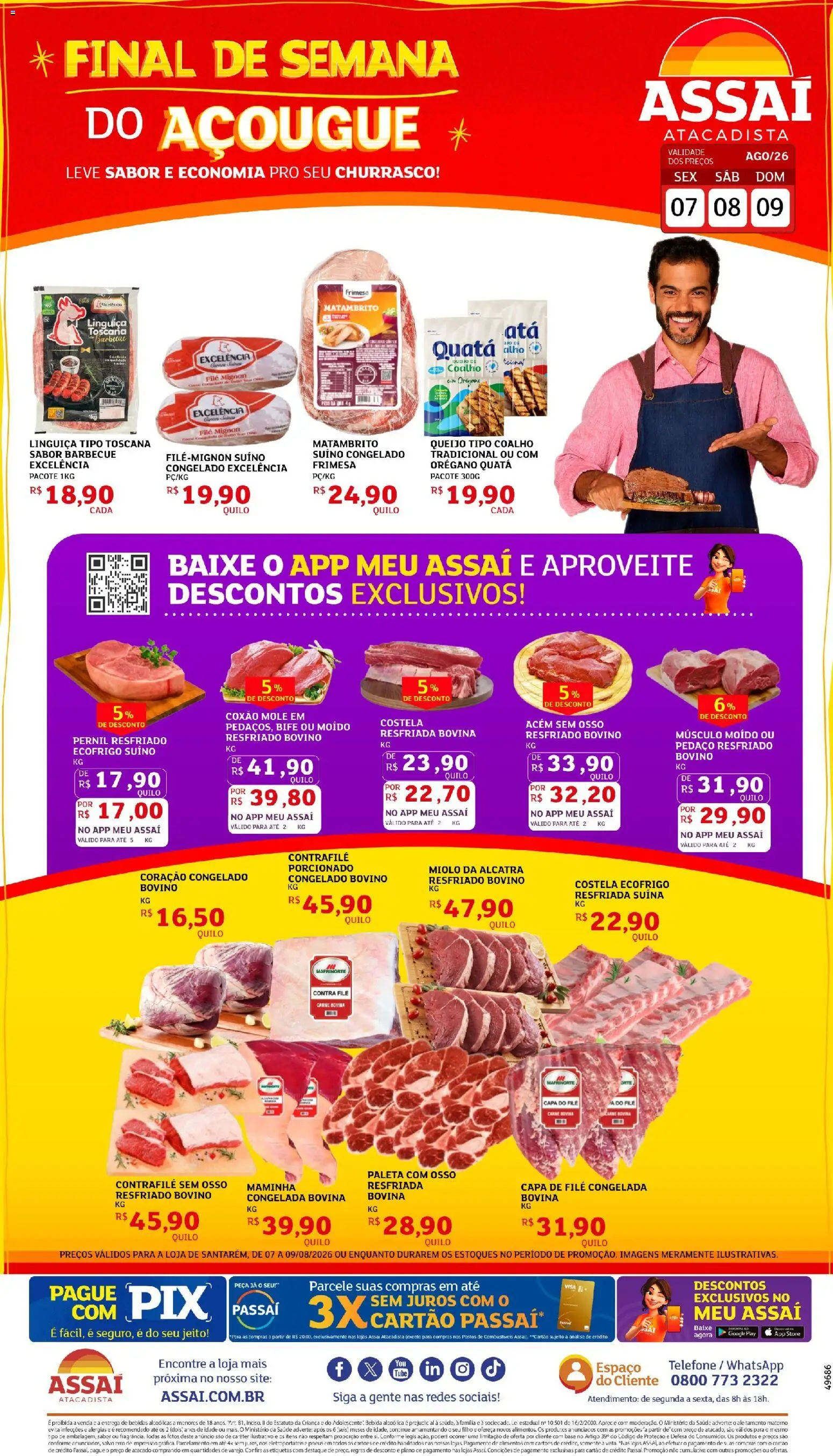 Assaí Atacadista Folheto - válido de 07/08/2026 | Página: 1 | Produtos: Coxão mole, Pneus, Carne, Telefone