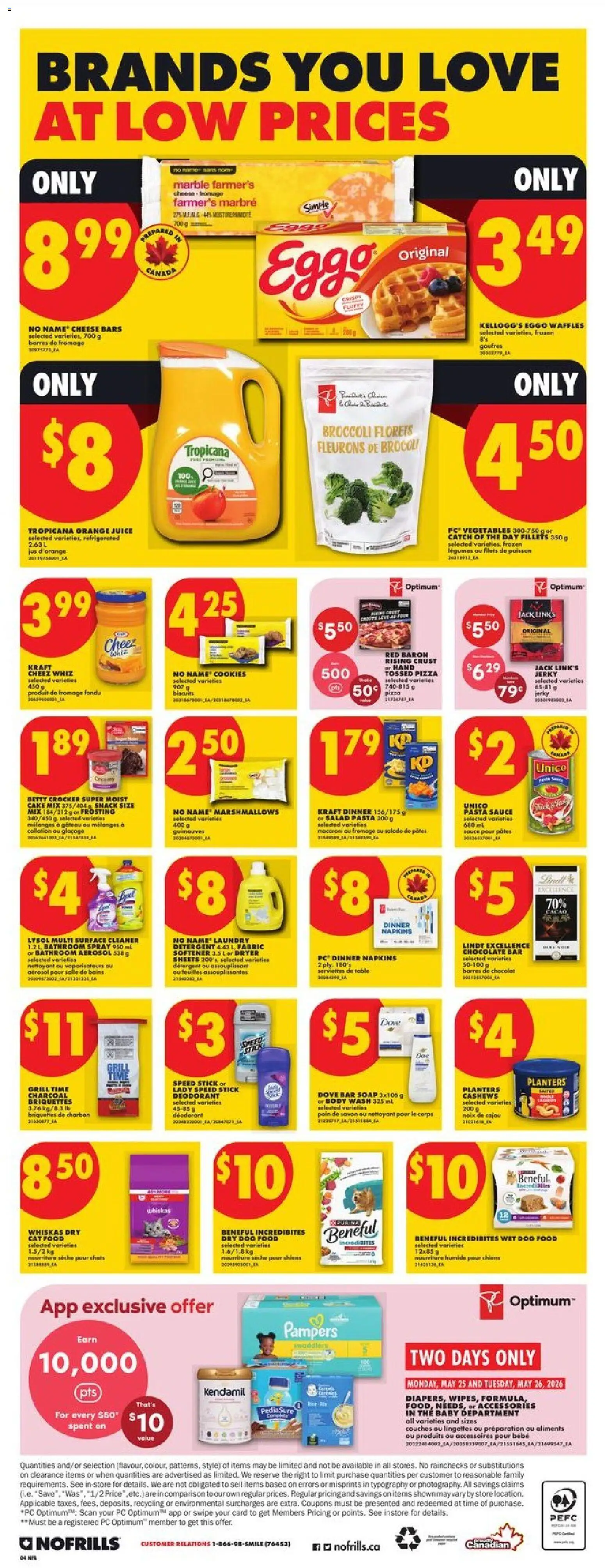 No Frills flyer valid from 21.05.2026 | Page: 4 | Products: Cookies, Dryer, Fabric softener, Cheese