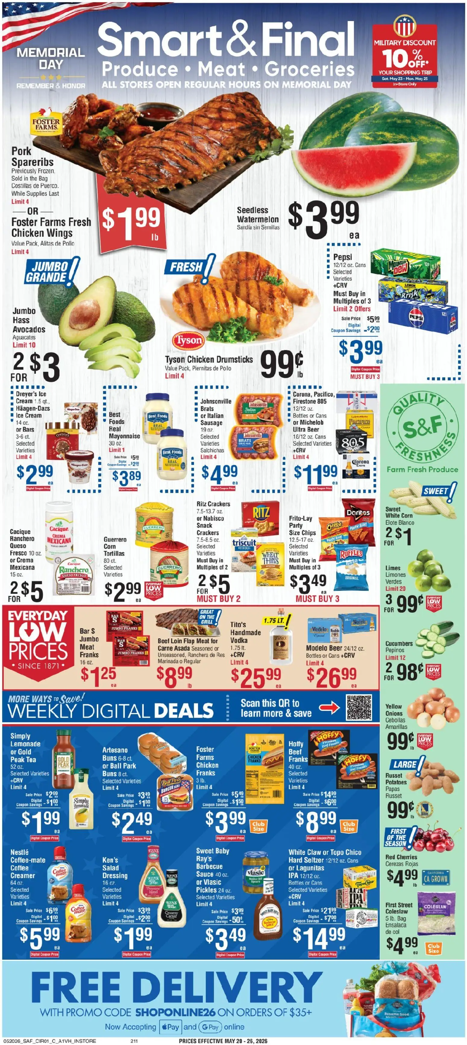 Smart & Final Weekly Ad - valid from 20.05.2026 | Page: 1 | Products: Cherries, Vodka, Salad, Sausage