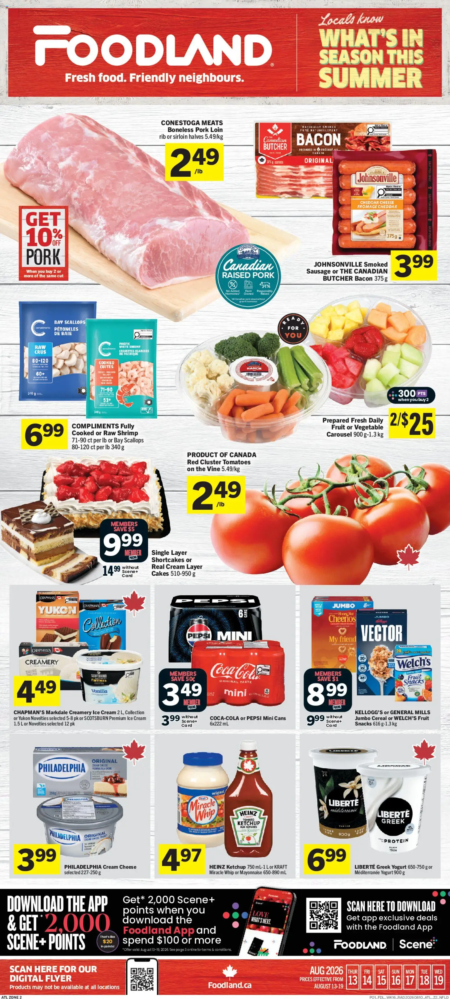 Foodland flyer valid from Aug 13, 2026 | Page: 1 | Products: Ketchup, Pepsi, Snacks, Pork loin