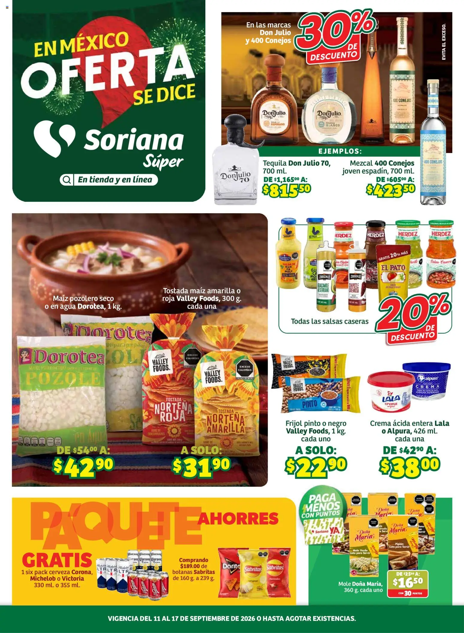 Nuevas ofertas de Soriana válidas en toda la República Mexicana desde el 11/09/2026. ¡Encuentra las mejores ofertas en Soriana Súper - En México oferta se dice Soriana Súper Nacional! | Página: 1 | Productos: Maíz, Agua, Cerveza, Salsas