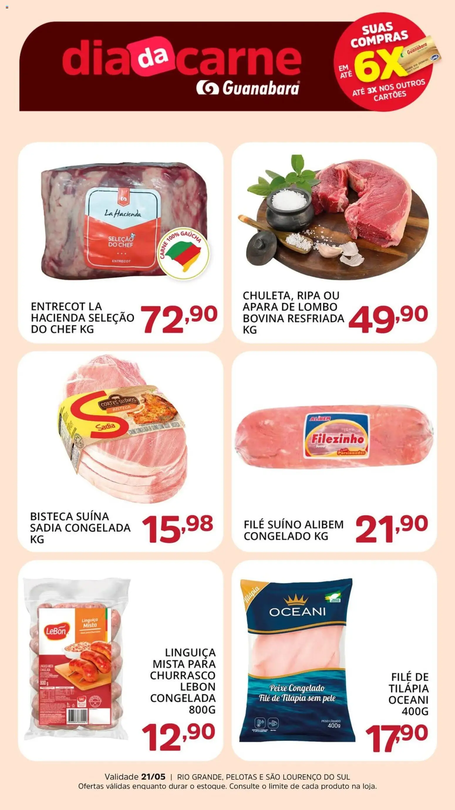 Supermercado Guanabara Folheto - válido de 21.05.2026 | Página: 1 | Produtos: Linguiça, Tilápia, Carne, Filé de tilápia
