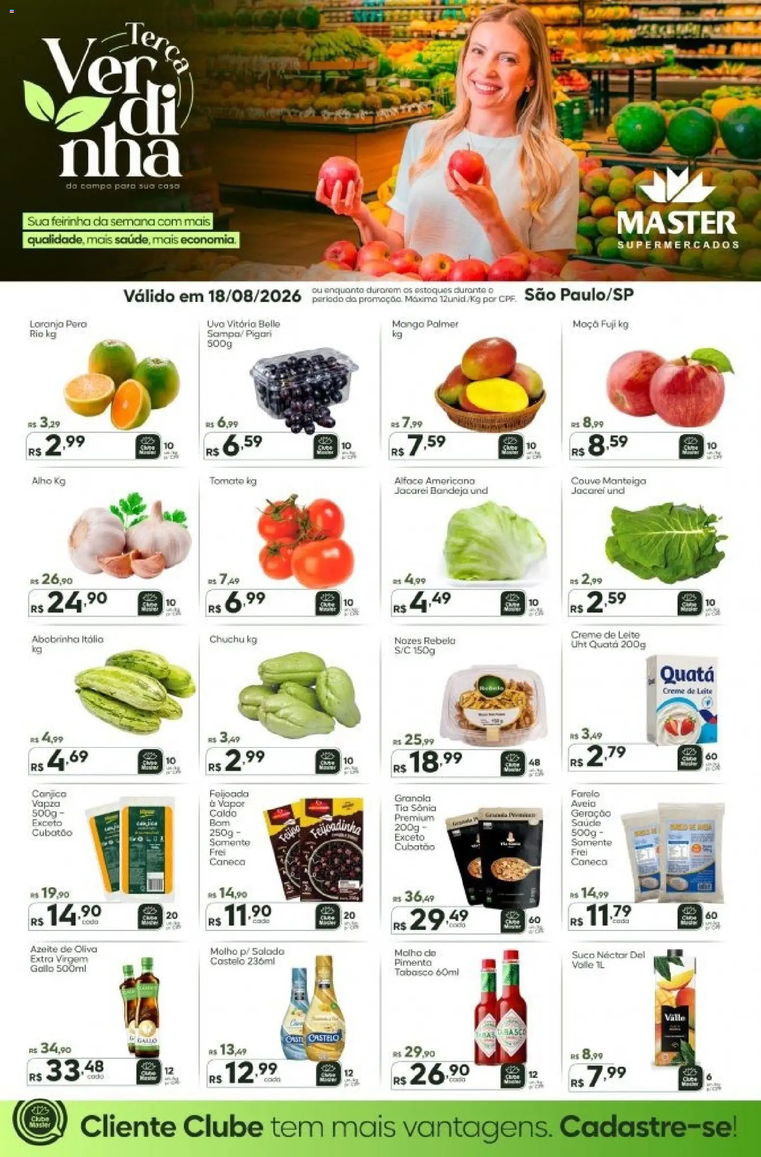 Master Folheto - válido de 18/08/2026 | Página: 1 | Produtos: Chuchu, Alho, Suco, Nozes