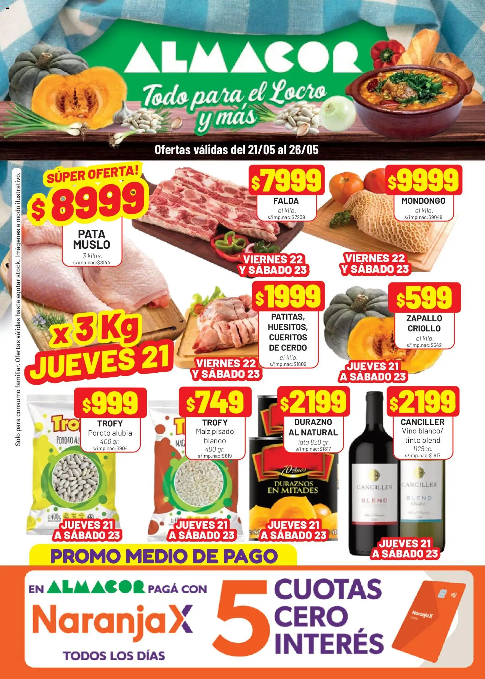 Almacor catálogo │ válido desde el 21.05.2026 | Página: 1 | Productos: Zapallo, Durazno, Vino, Cerdo
