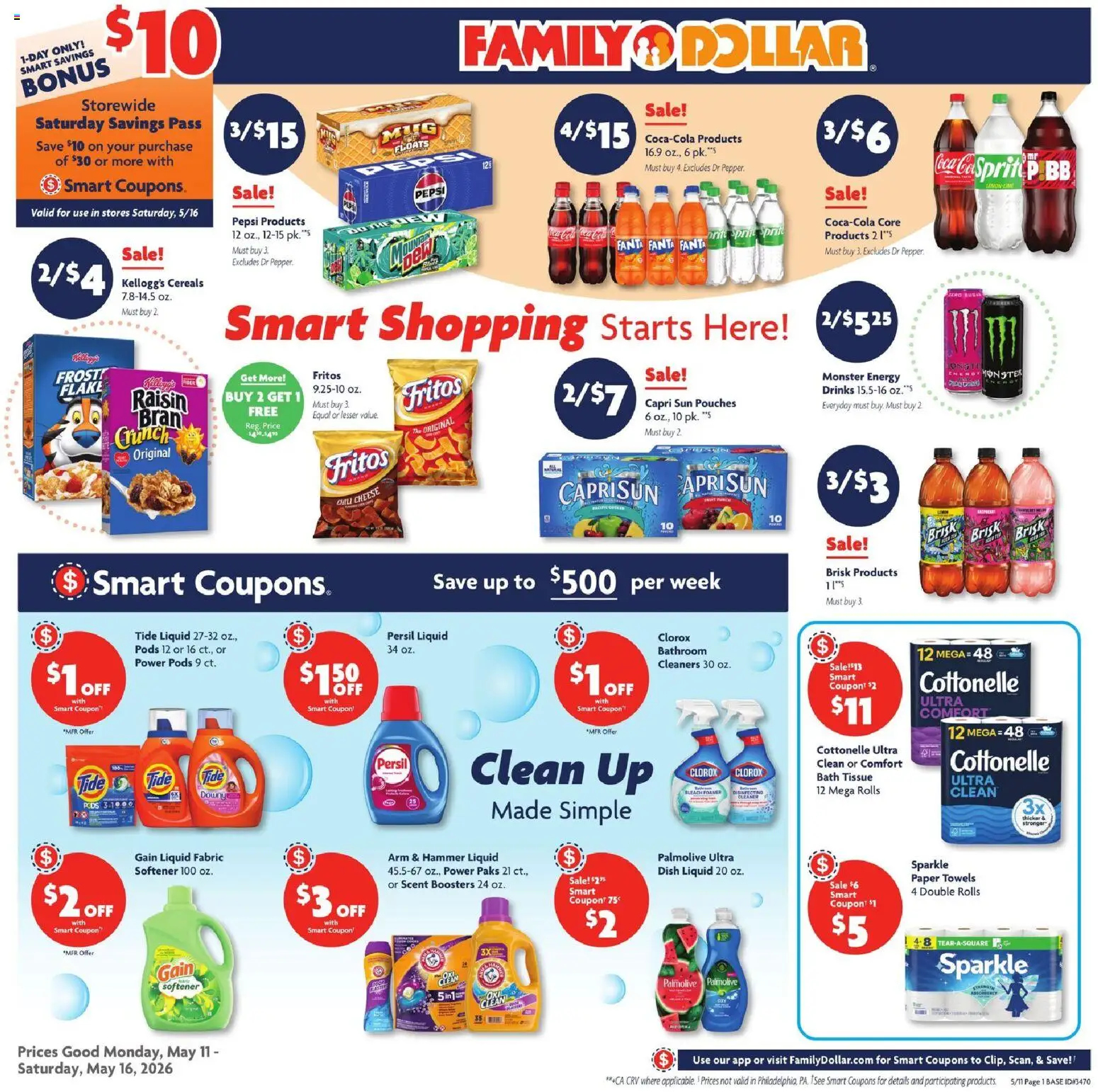 Family Dollar Weekly Ad - valid from 11.05.2026 | Page: 1 | Products: Bath, Hammer, Cheese, Cereals