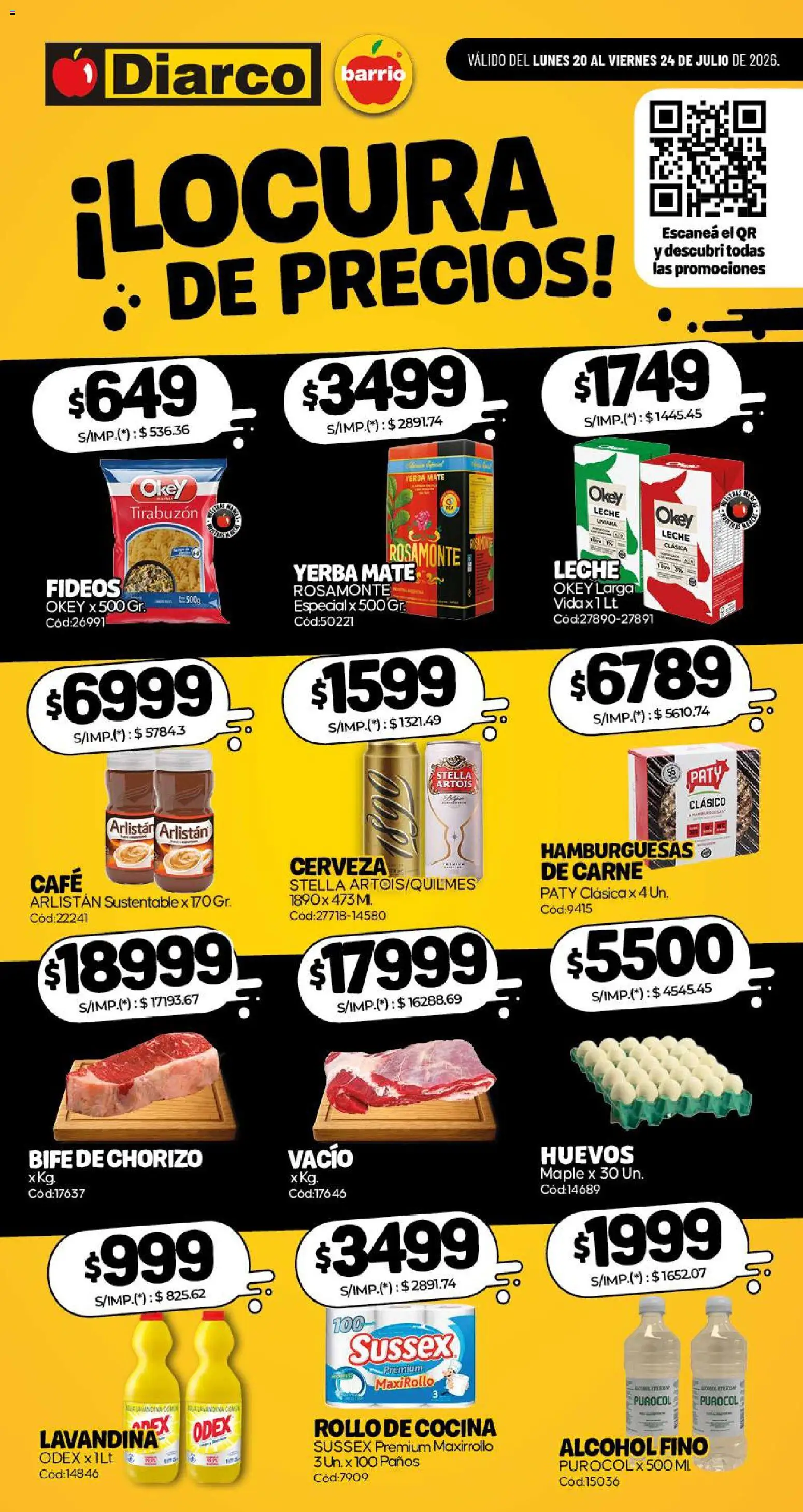 Diarco - Especial Locura De Precios │ válido desde el 20/07/2026 | Página: 1 | Productos: Mate, Chorizo, Cerveza, Fideos