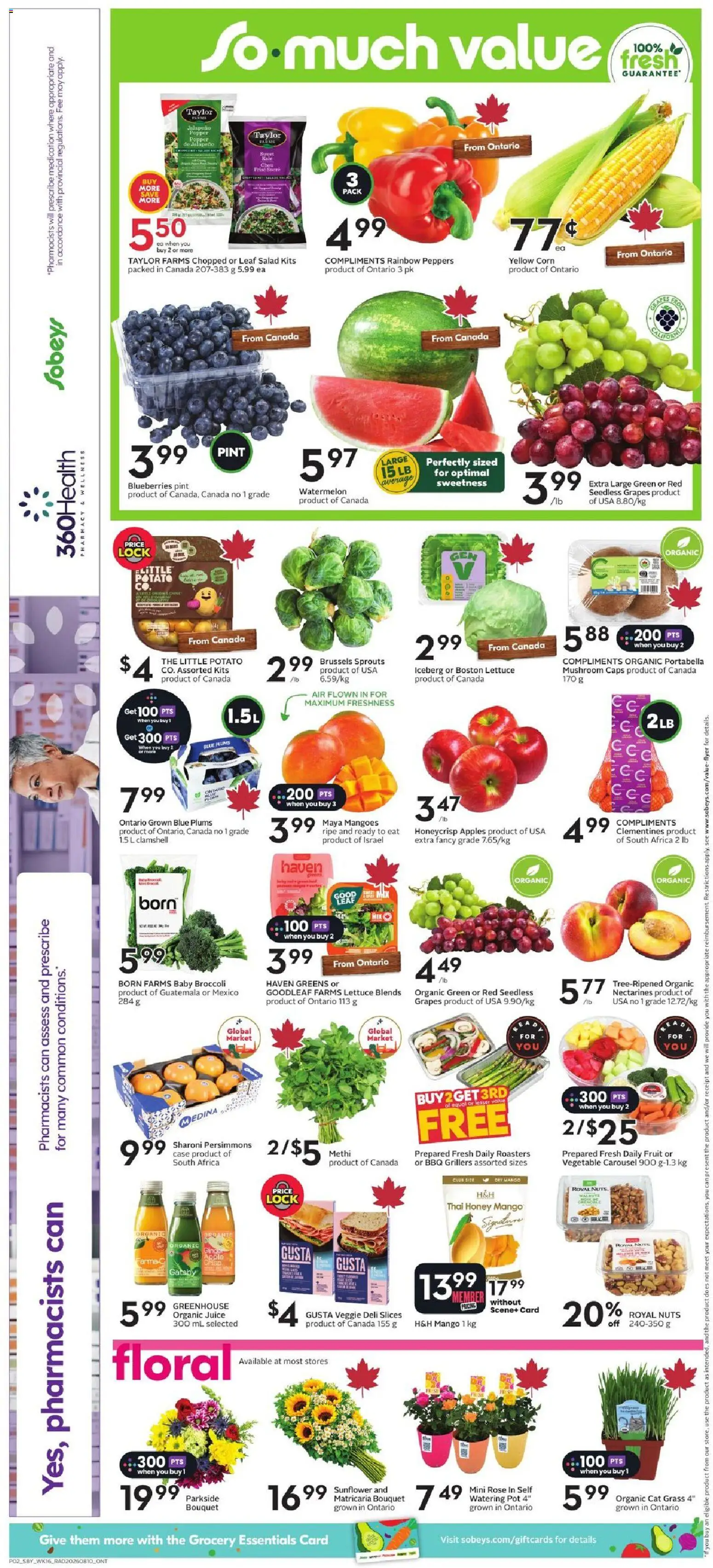 Sobeys flyer valid from Aug 13, 2026 | Page: 5 | Products: Sunflower, Mango, Plums, Juice
