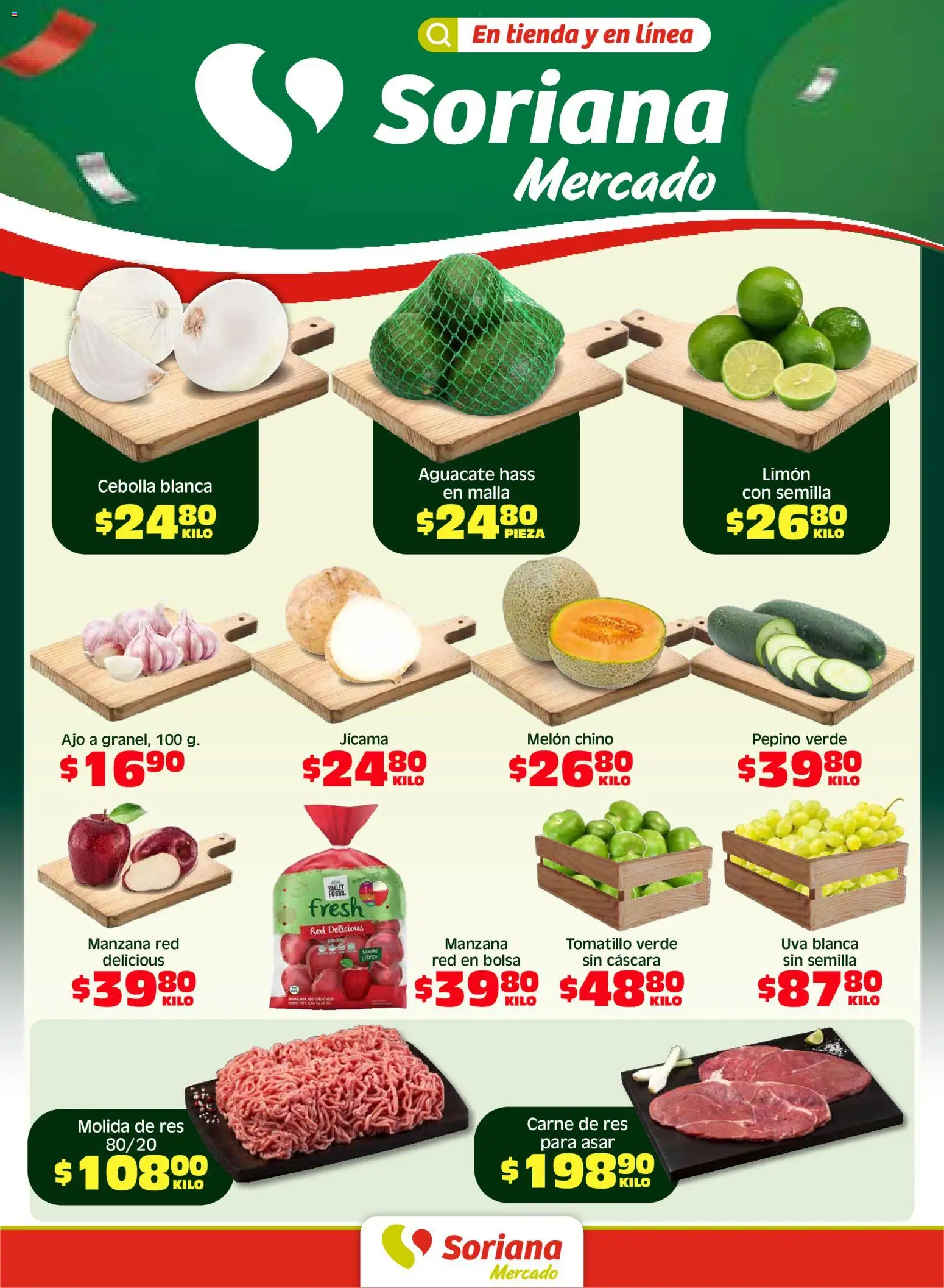 Nuevas ofertas de Soriana válidas en toda la República Mexicana desde el 08.05.2026. ¡Encuentra las mejores ofertas en Soriana Fin de Semana Mercado: Nuevo León! | Página: 1 | Productos: Melón, Manzana, Aguacate, Uva