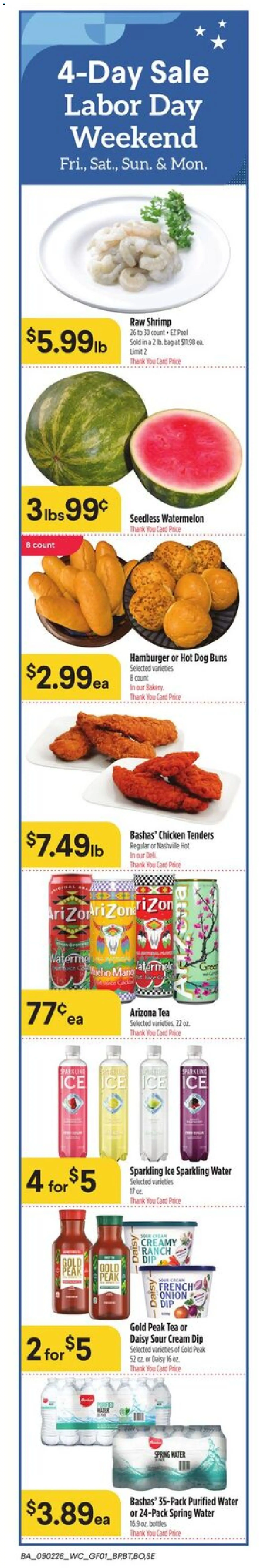 Basha's Weekly Ad - valid from 09/02/2026 | Page: 1 | Products: Shrimp, Chicken, Sour cream, Water