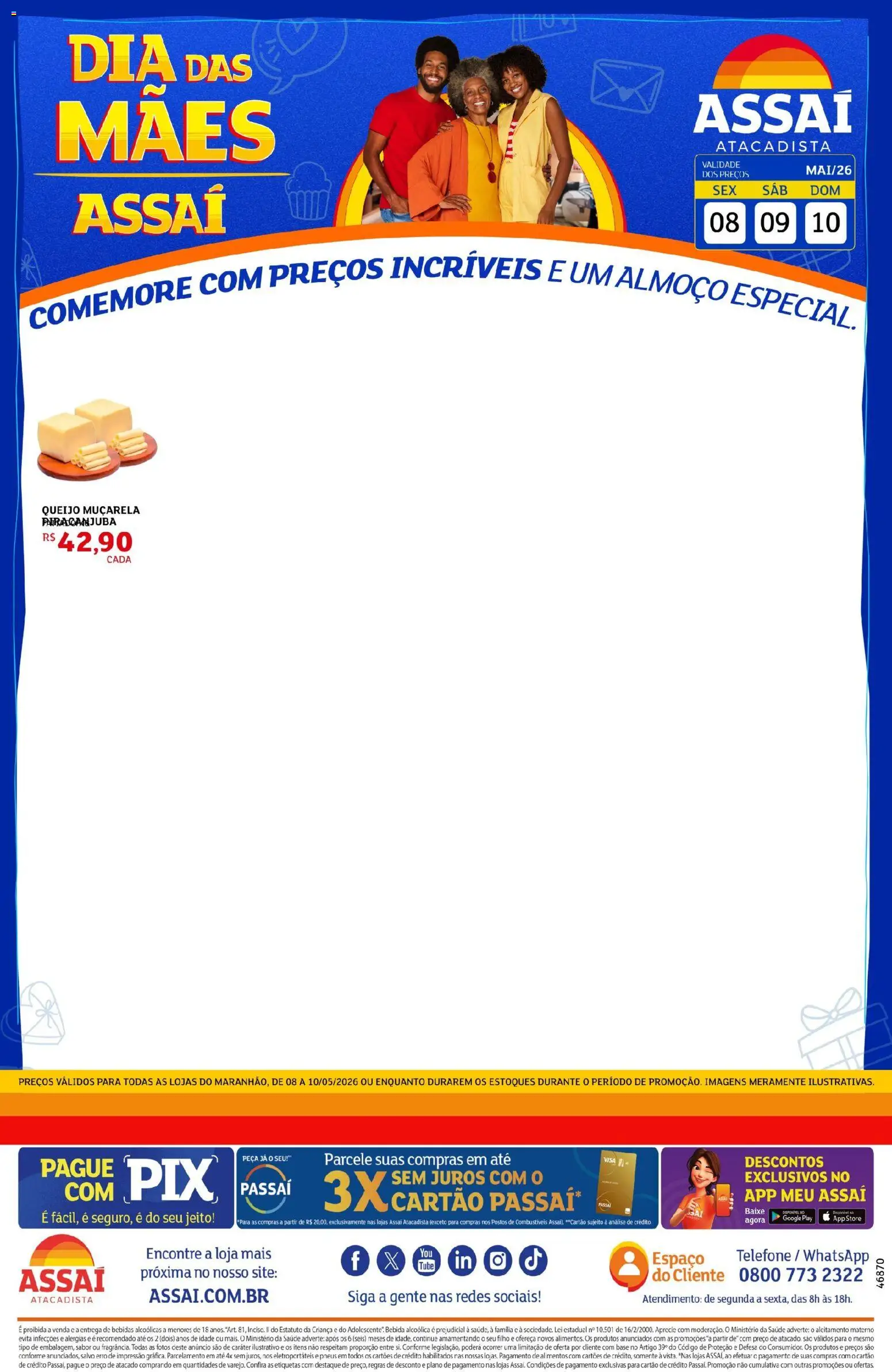 Assaí Atacadista Folheto - válido de 09.05.2026 | Página: 1 | Produtos: Queijo, Muçarela, Bebida, Telefone