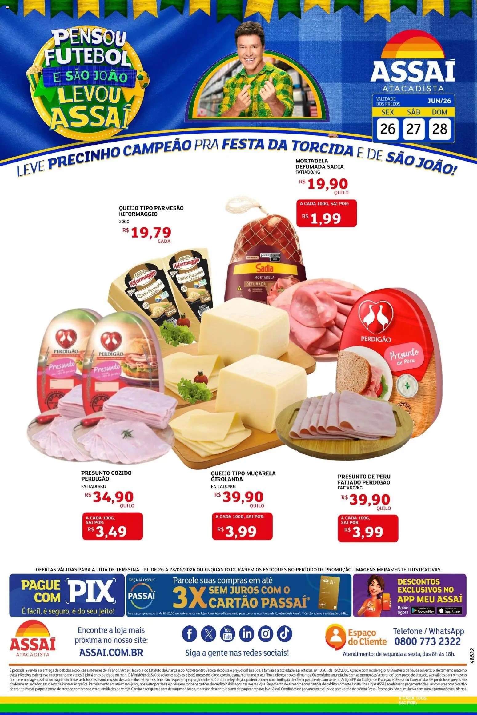 Assaí Atacadista Folheto - válido de 26/06/2026 | Página: 1 | Produtos: Presunto, Parmesão, Base, Telefone