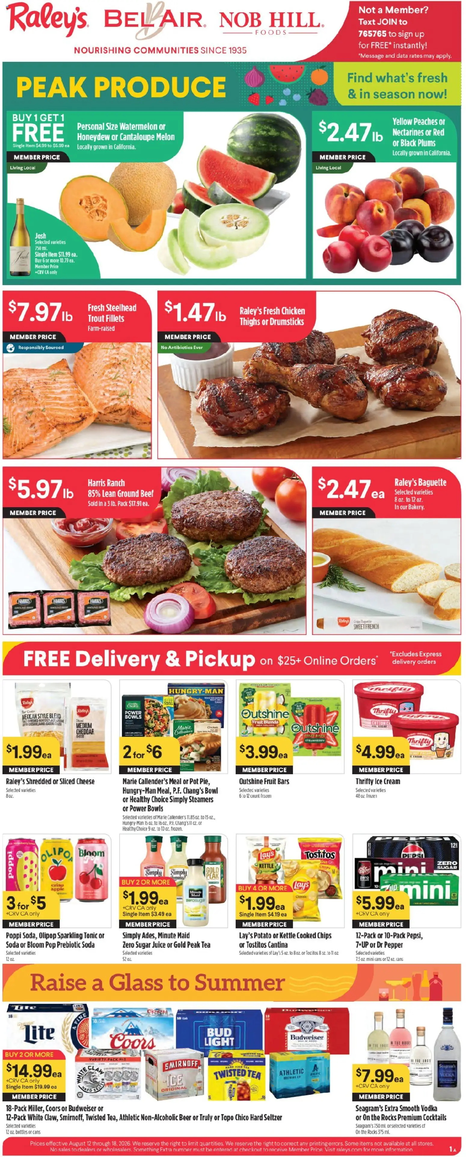Raley's Weekly Ad - valid from 08/12/2026 | Page: 1 | Products: Nectarines, Chicken thighs, Tonic, Iced tea