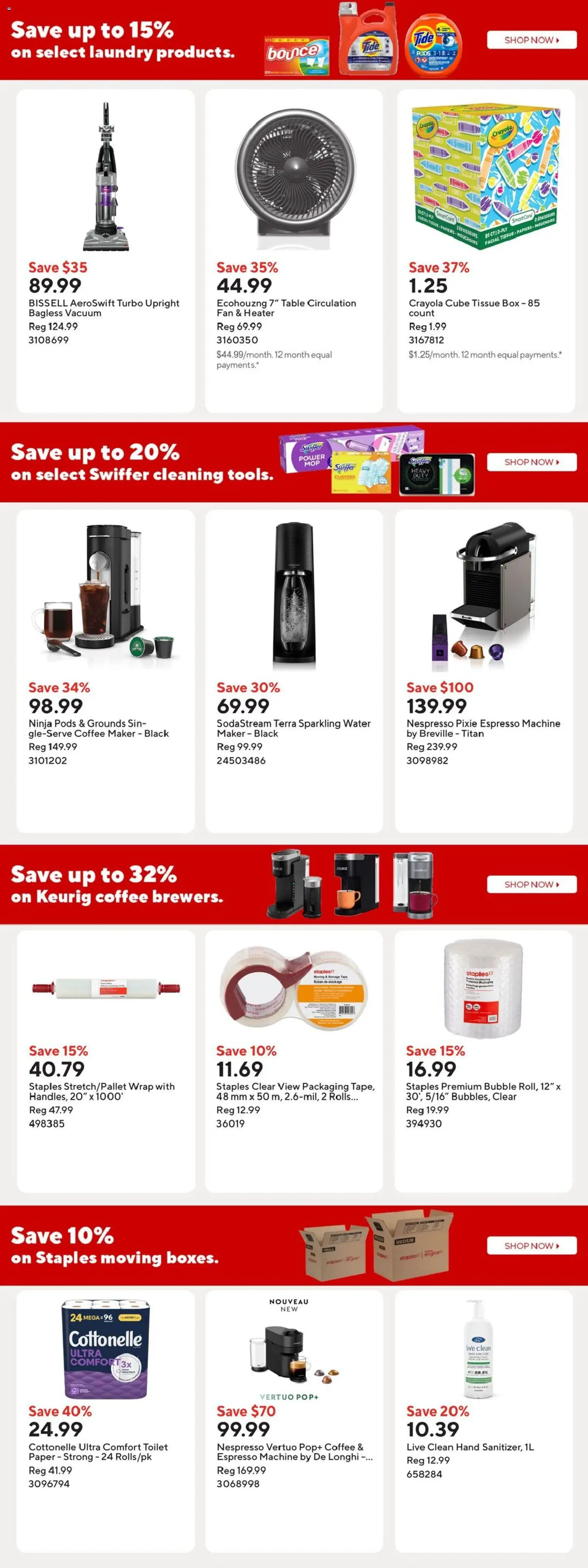 Staples flyer valid from Aug 28, 2026 | Page: 12 | Products: Water, Fan, Table, Coffee