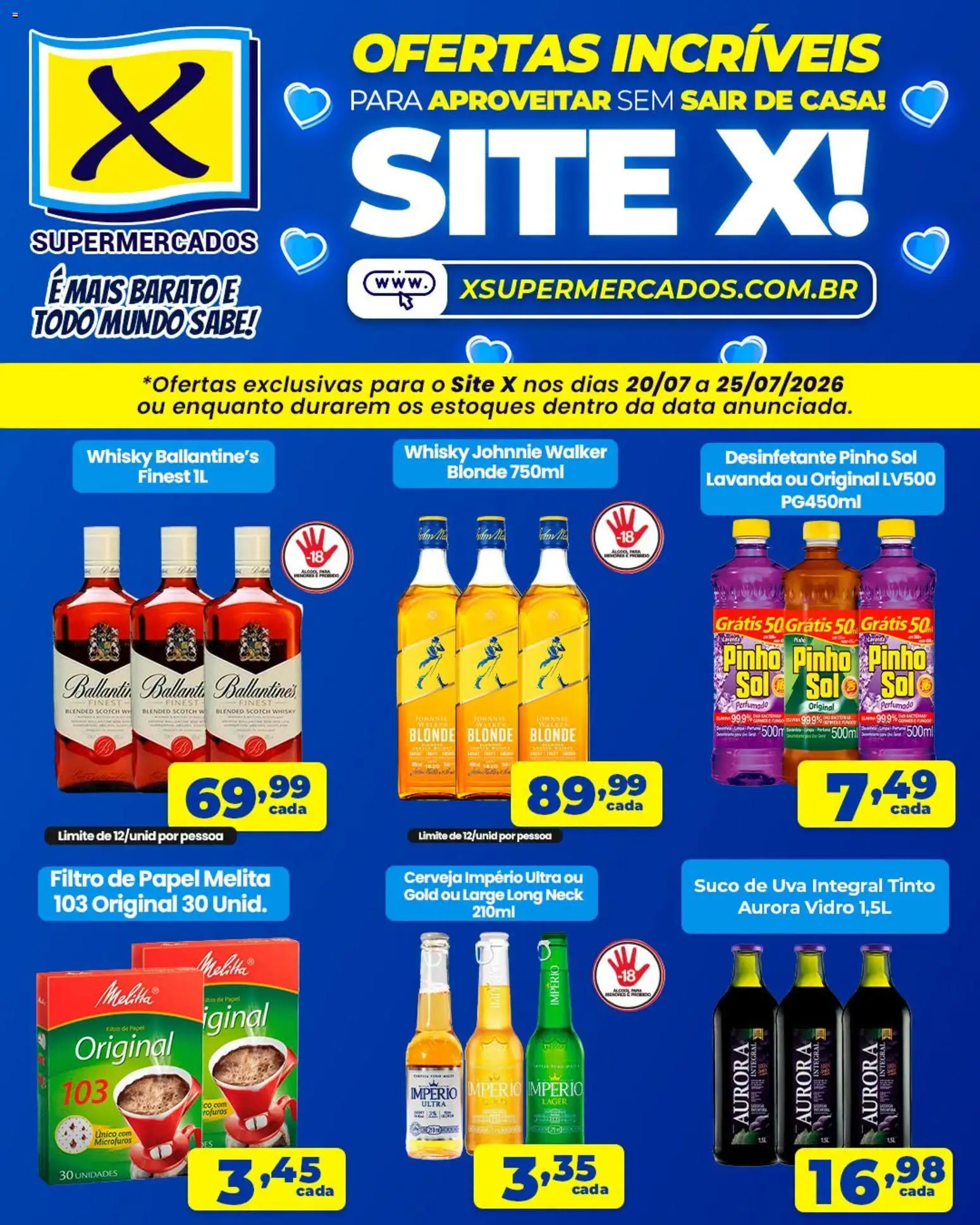X Supermercados Folheto - válido de 20/07/2026 | Página: 2 | Produtos: Whisky, Suco, Cerveja, Desinfetante